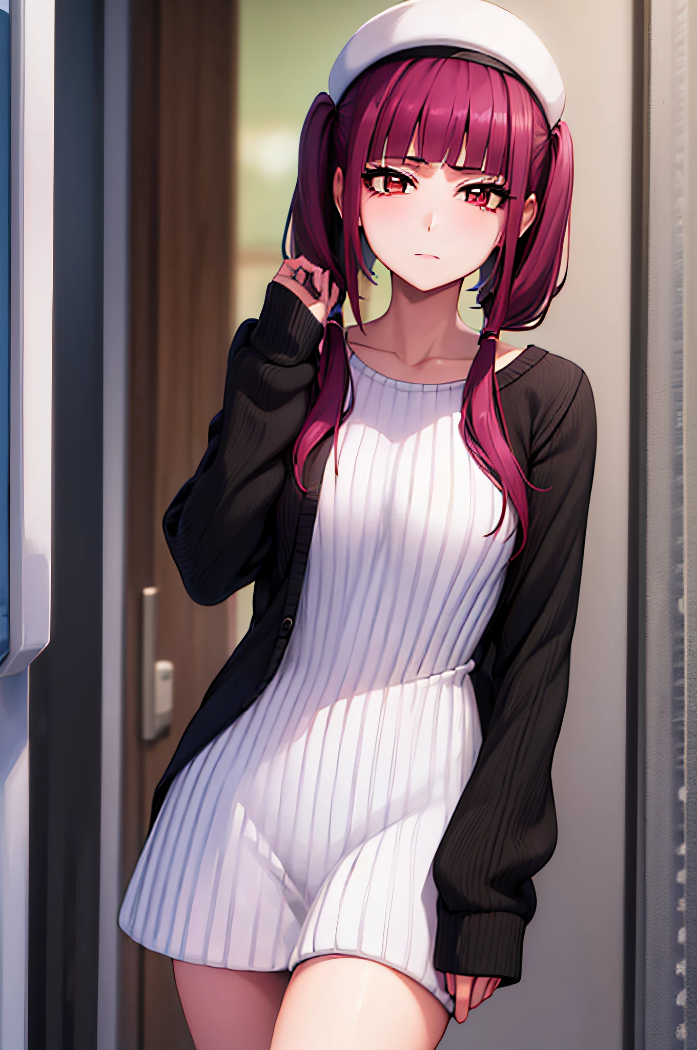 Riruka in her 20s, wearing a stylish casual outfit, with meticulous attention to detail on her face, emphasizing her expressive eyes, rosy blush, and a shy, yet charming expression. Her hair is styled in twin tails.