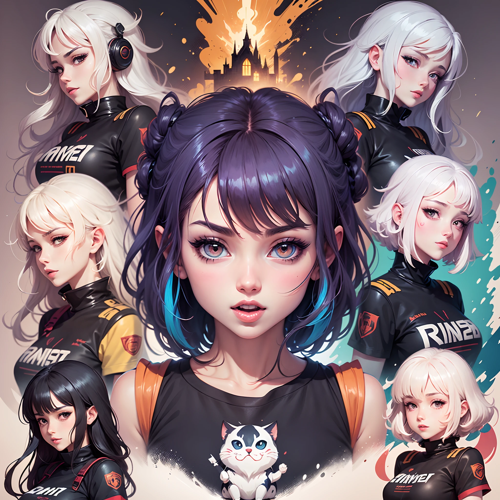 anime style woman with saint, face expressing pleasure short clothes, symmetrical body face expressions, random coloring, 2D, planar vector, character design, T-shirt design, colorful splashes, vector art, fantasy art, watercolor effect,digital painting, white bg, 8K --auto --s2