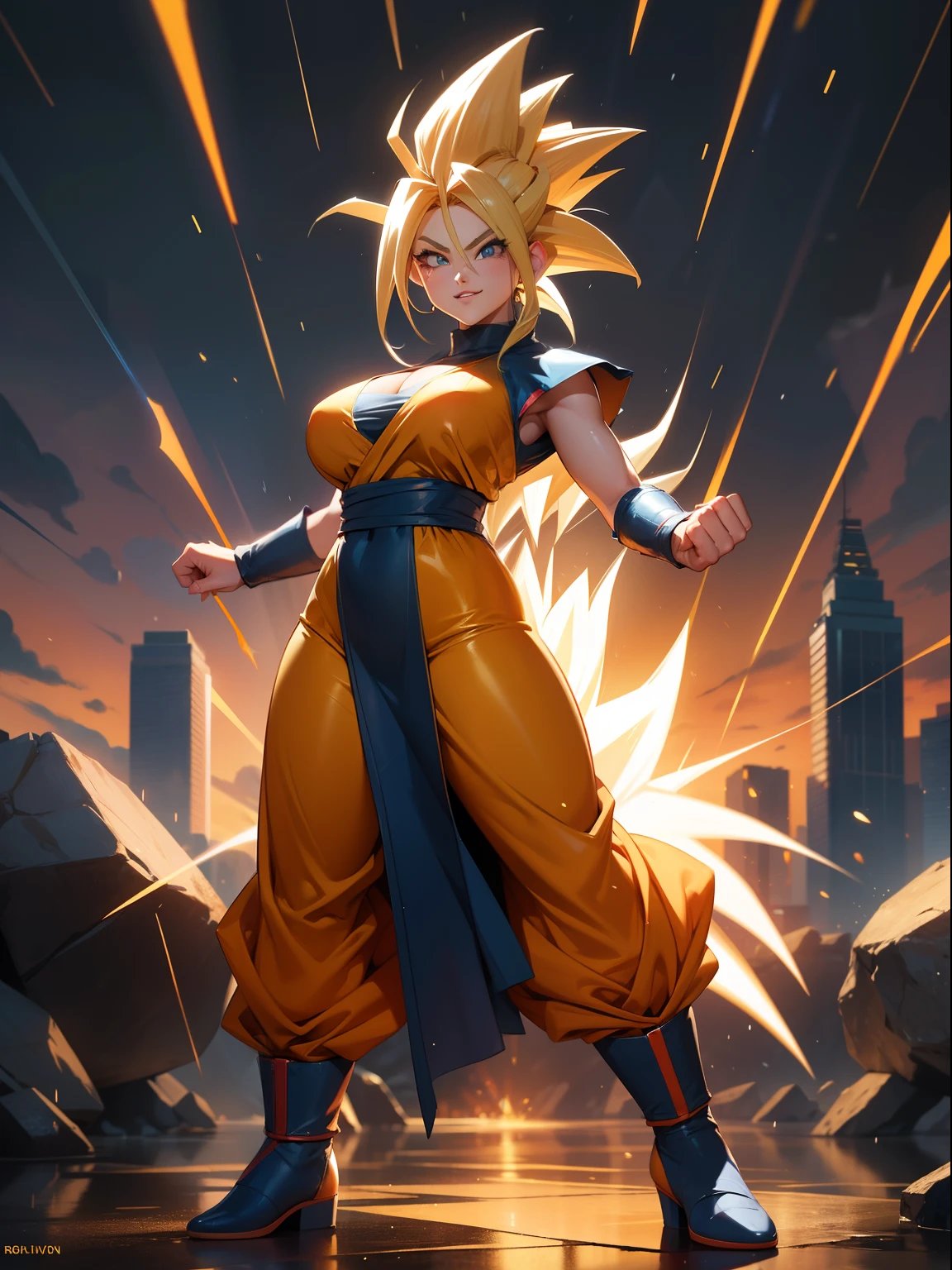 ((Full body photo, feet on the ground, straight body, Dragon Ball Anime)), ((Laura/woman, big breasts, extremely beautiful)), ((Super Saiyan Superior Instinct)) {transformed into Super Saiyan} wearing Goku child's costume/extremely tight on body, emanating golden magic aura circling furiously around the body. Background, completely destroyed city at night raining hard. Her outfit is soaked in water, she's staring at the viewer, smiling, fists clenched, concentrating magical aura, in a front-facing attack pose. Anime Dragon Ball, high detail, anime, 16k, UHD, retina, retina, ccurate, anatomically correct, textured skin, super detail, high quality, award winning