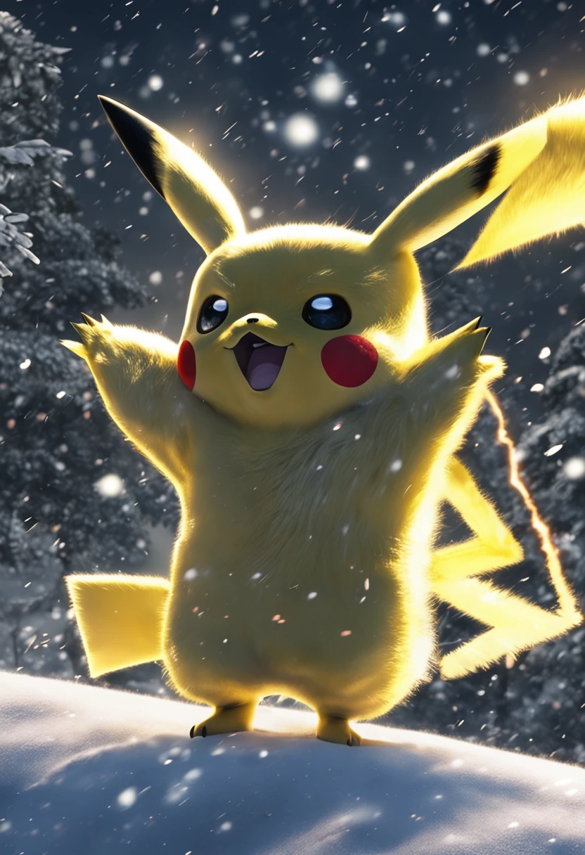 ((Looking back)), (((Pikachu all over the body))), ((Realistic)), ((From behind, From below)), Compact Pikachu, (cold light, the night, starrysky), (at winter season, nevando).Detailed scenes, the detail,Hyper-detailed, (correct hand), (anatomy correct), (best qualtiy,tmasterpiece)