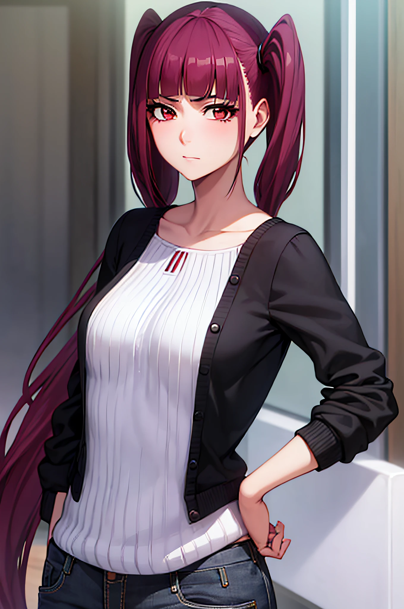 Riruka in her 20s, wearing a stylish casual outfit, with meticulous attention to detail on her face, emphasizing her expressive eyes, rosy blush, and a shy, yet charming expression. Her hair is styled in twin tails.