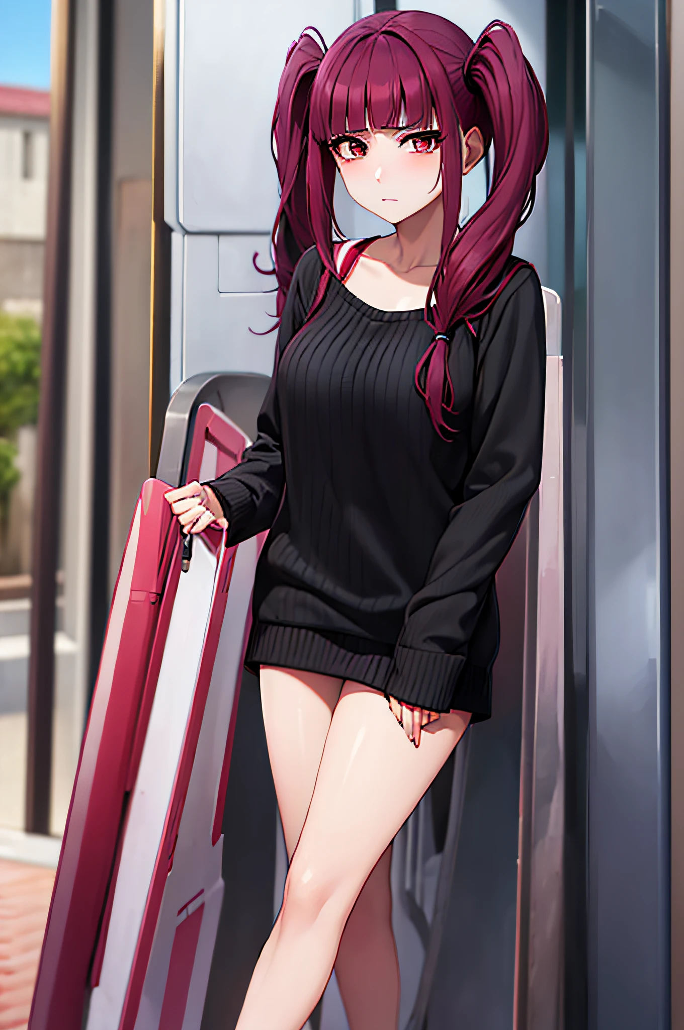 Riruka in her 20s, wearing a stylish casual outfit, with meticulous attention to detail on her face, emphasizing her expressive eyes, rosy blush, and a shy, yet charming expression. Her hair is styled in twin tails.