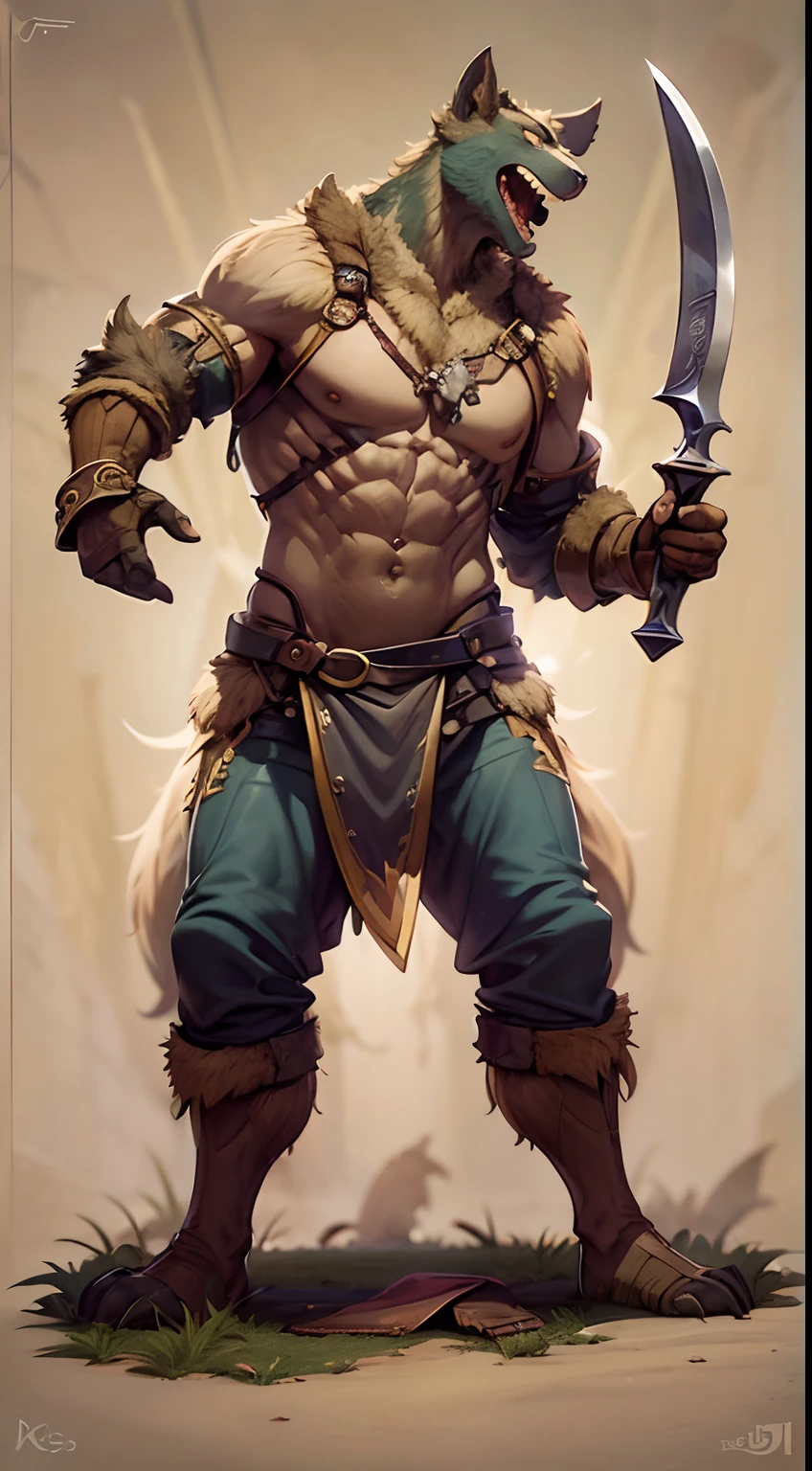 Game character standing drawing design,gnoll,cunning,With a knife,Fighting posture,(full bodyesbian:1.4),solid color backdrop,clean backdrop,depth of fields,high light,Real light,Ray traching,OC renderer,UE5 renderer,Hyper-realistic,best qualtiy,8K,Works of masters,super-fine,Detailed pubic hair,Correct anatomy,