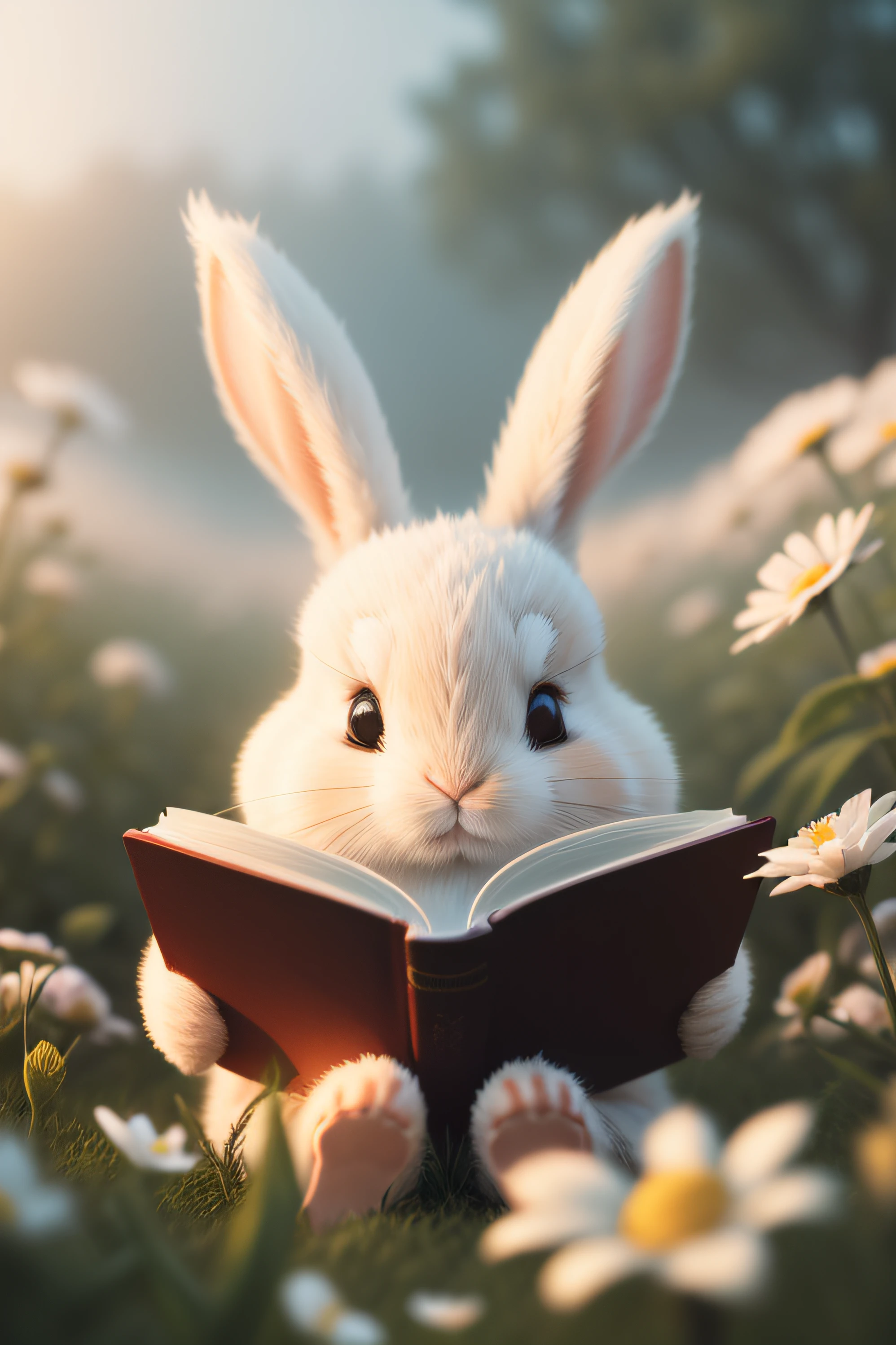 Close-up photo of little bunny sitting reading a book,macro,clean backdrop,depth of fields,largeaperture,photography of,volume fog,Halo,blooms,Dramatic atmosphere,Sunny morning