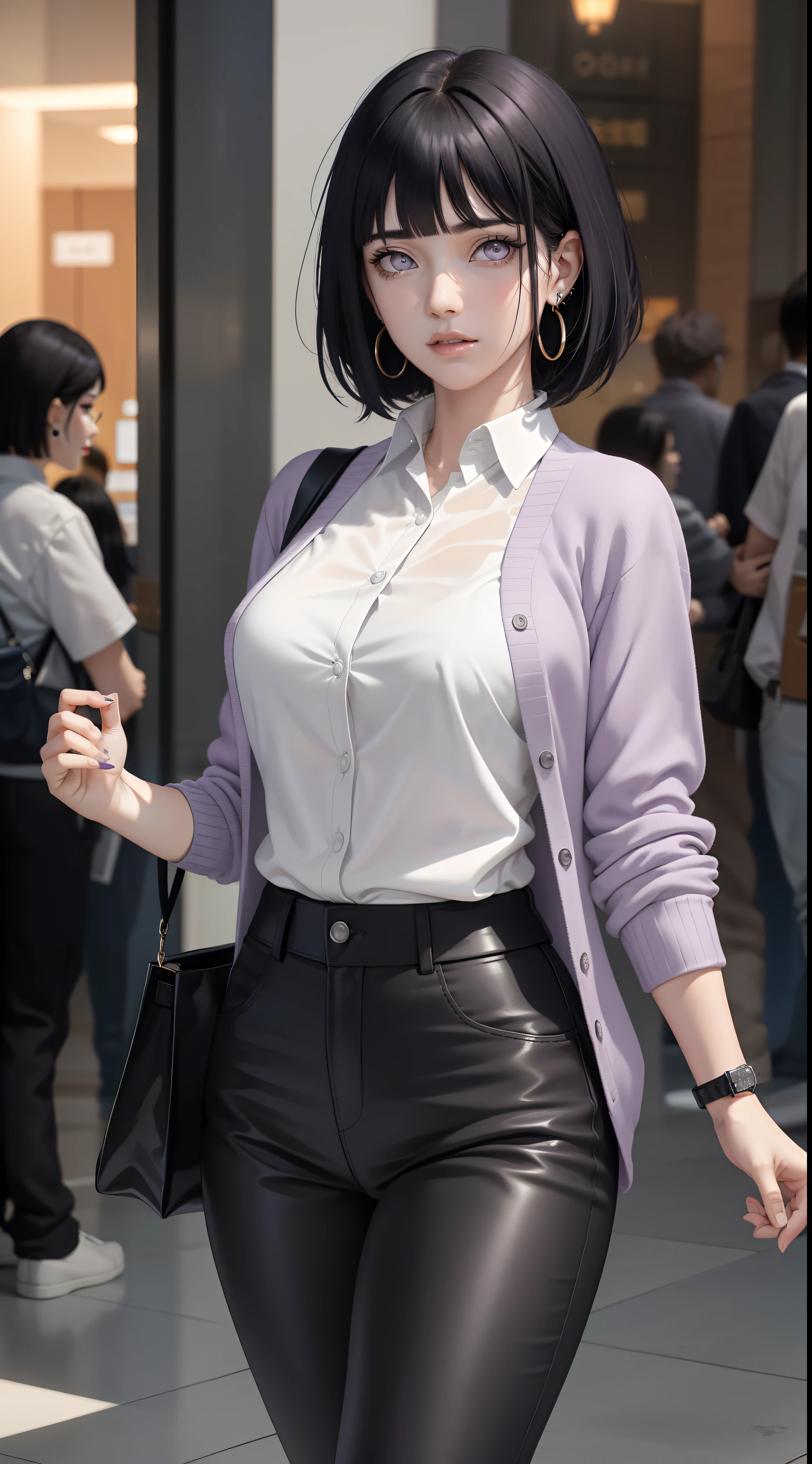 hinata from anime naruto, black hair, short hair, bangs, light purple eyes, wears mascara, perfect body, perfect breasts, beautiful woman, very beautiful, wears a white shirt, wears a light purple cardigan, black pants, wears a handbag, wearing a watch, wearing earrings, being in a mall, Realism, masterpiece, textured leather, super detailed, high detailed, high quality, best quality, 1080P, HD, 16k