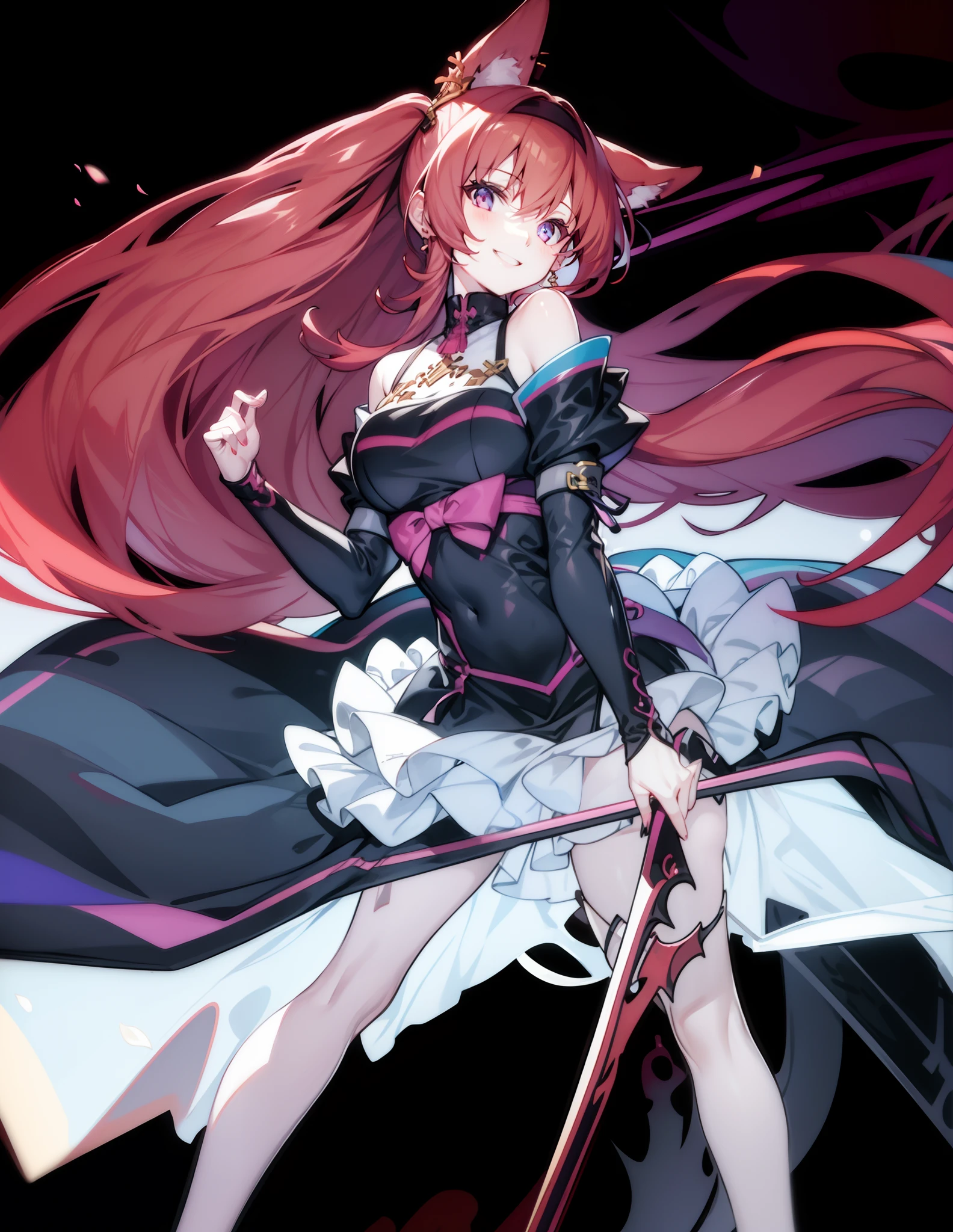 (((1 girl)),Ray Tracing,(Dim Lights),[Detailed background (Nightclub)),((Red hair)),((Red hair)),(Red hair, Busty and slim girl)) High Ponytail)))) Avoid blonde eyes in the ominous Nightclub卡座((((Girl wearing black high-waisted pants and tights with delicate embroidery) and white ruffled bow gloves), Show off your slender figure and beautiful curves, Correct limbs,