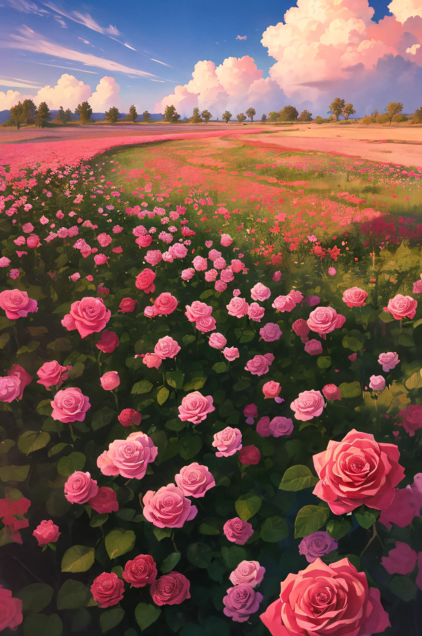 夏天,A desert,Pink clouds,A land overgrown with roses,james gurney,photo of landscape,Pure scenery,Art station rendering,Ultra-wide lens,High- sharpness