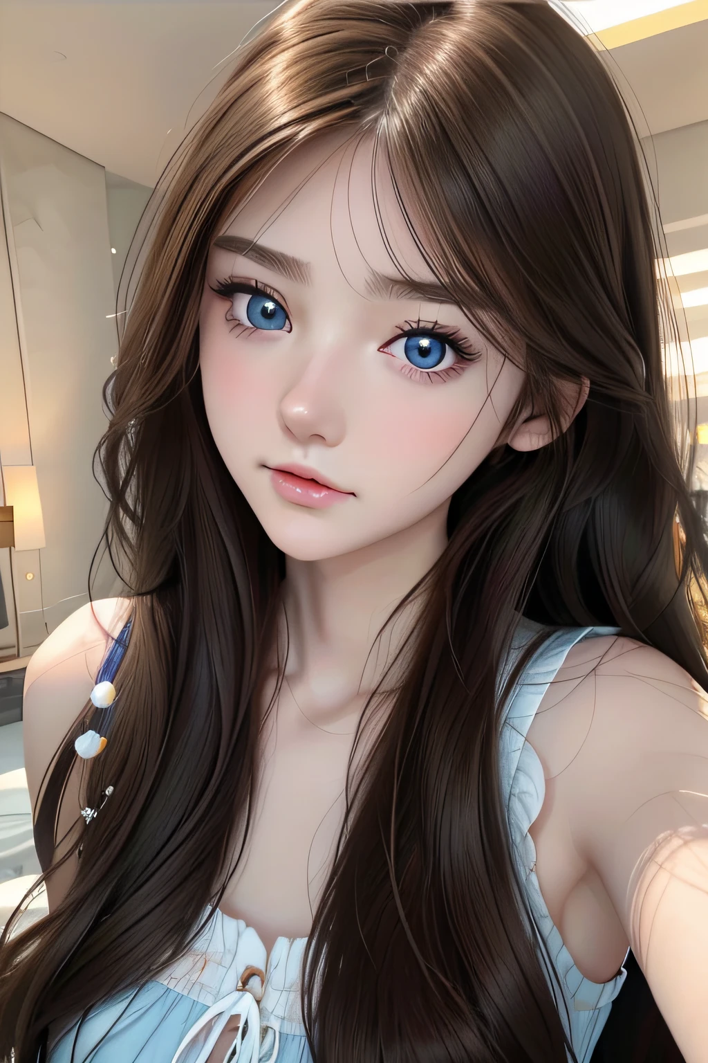 a close up of a woman with long hair and blue eyes, Beautiful anime face, cute delicate face, Extremely beautiful face, beautiful delicate face, Stunning anime face portrait, beautiful aesthetic face, Detailed beautiful face, girl cute-fine face, Realistic beautiful face, Beautiful realistic face, beautiful and realistic faces, Cute natural anime face, girl with white eyes