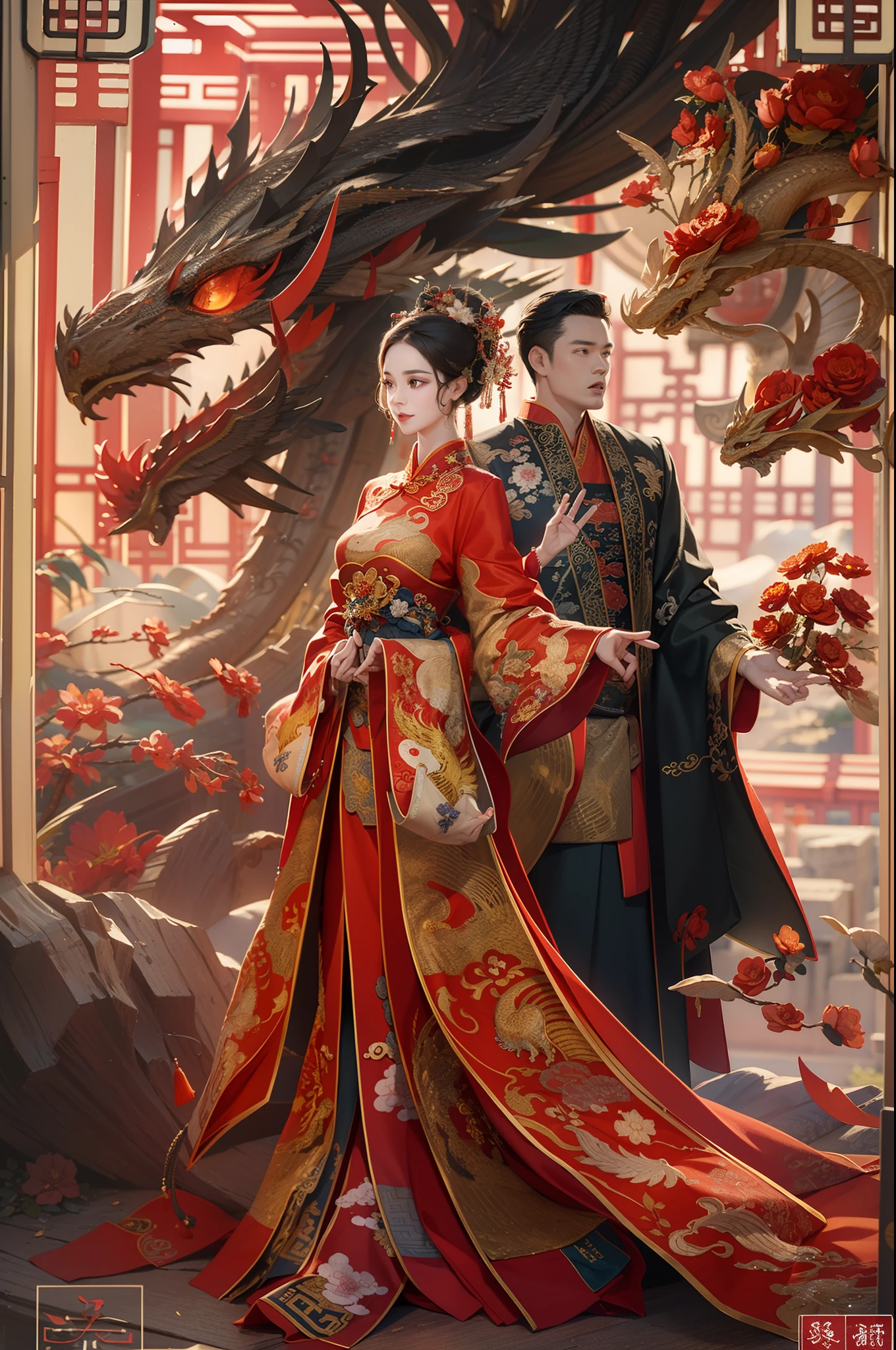 ( 8K, dynamic action, pale washed out style, Dreamy nostalgia, soft focus, dark halo, light leaks, Medium photography, Coarse grain photos, tmasterpiece, top-quality, 8K, realisticlying, Very dense CG, shiny skins,)A couple,Wedding scene,half-body portrait,Weddings,ornate garment,Chinese elements,macro photography,A realistic illustration of a male and female couple wearing traditional Chinese clothing with dragon and phoenix patterns and auspicious cloud designs. The main colors should be vintage red and black, with gold as the primary color for the patterns