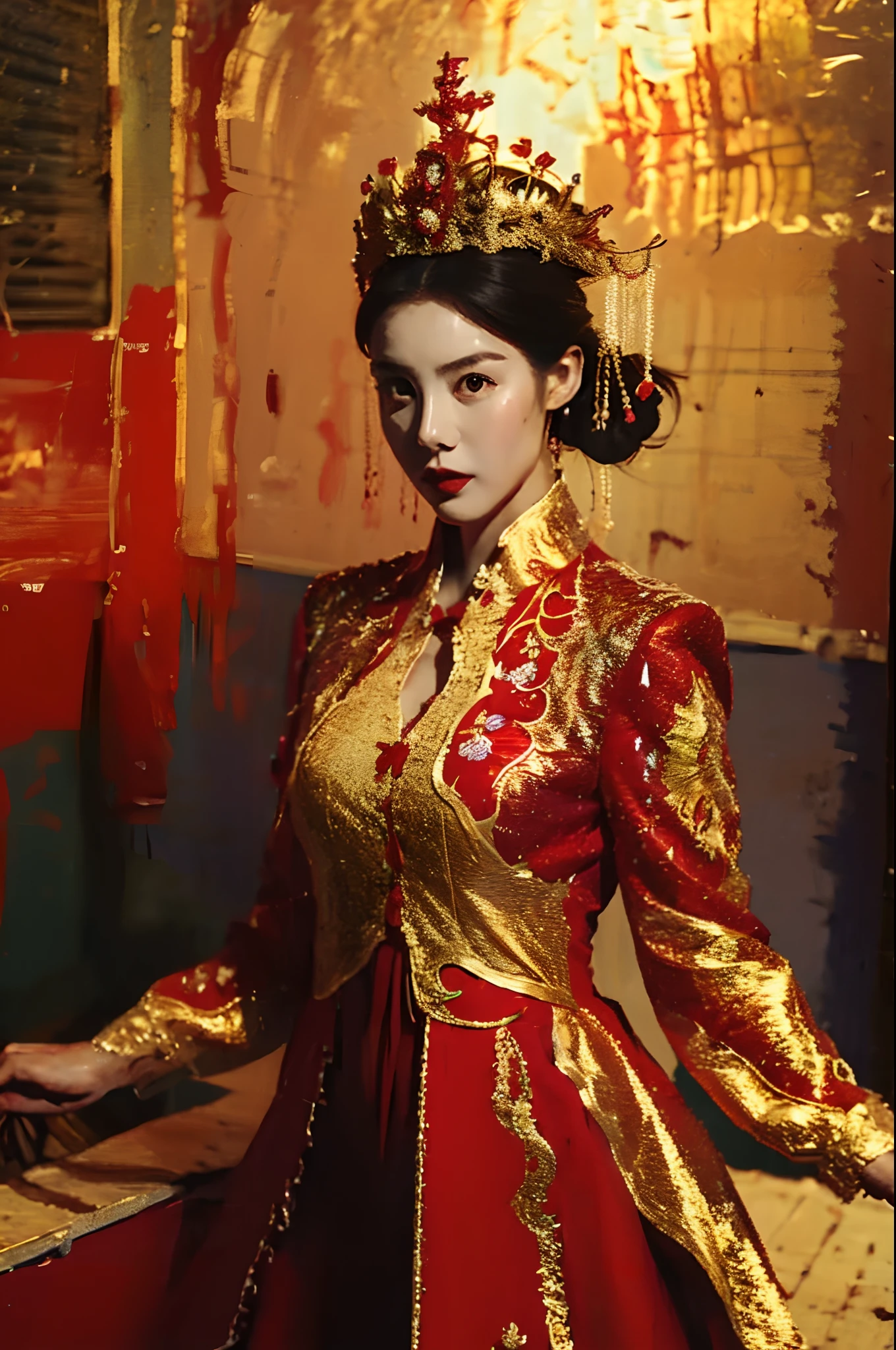 （OilPaintStyle：1.4），inks，（（best qualtiy））， （（tmasterpiece））， （A detailed：1.4），Enhanced dynamic perspective，a chinese wedding，the bride，A woman in a red and gold dress，Phoenix crown，super-fine，Works of masters，high qulity，8K分辨率，depth of fields，电影灯光，Epic shooting，high qulity，super-fine，Detailed pubic hair，Accurate，Cinematic lighting，