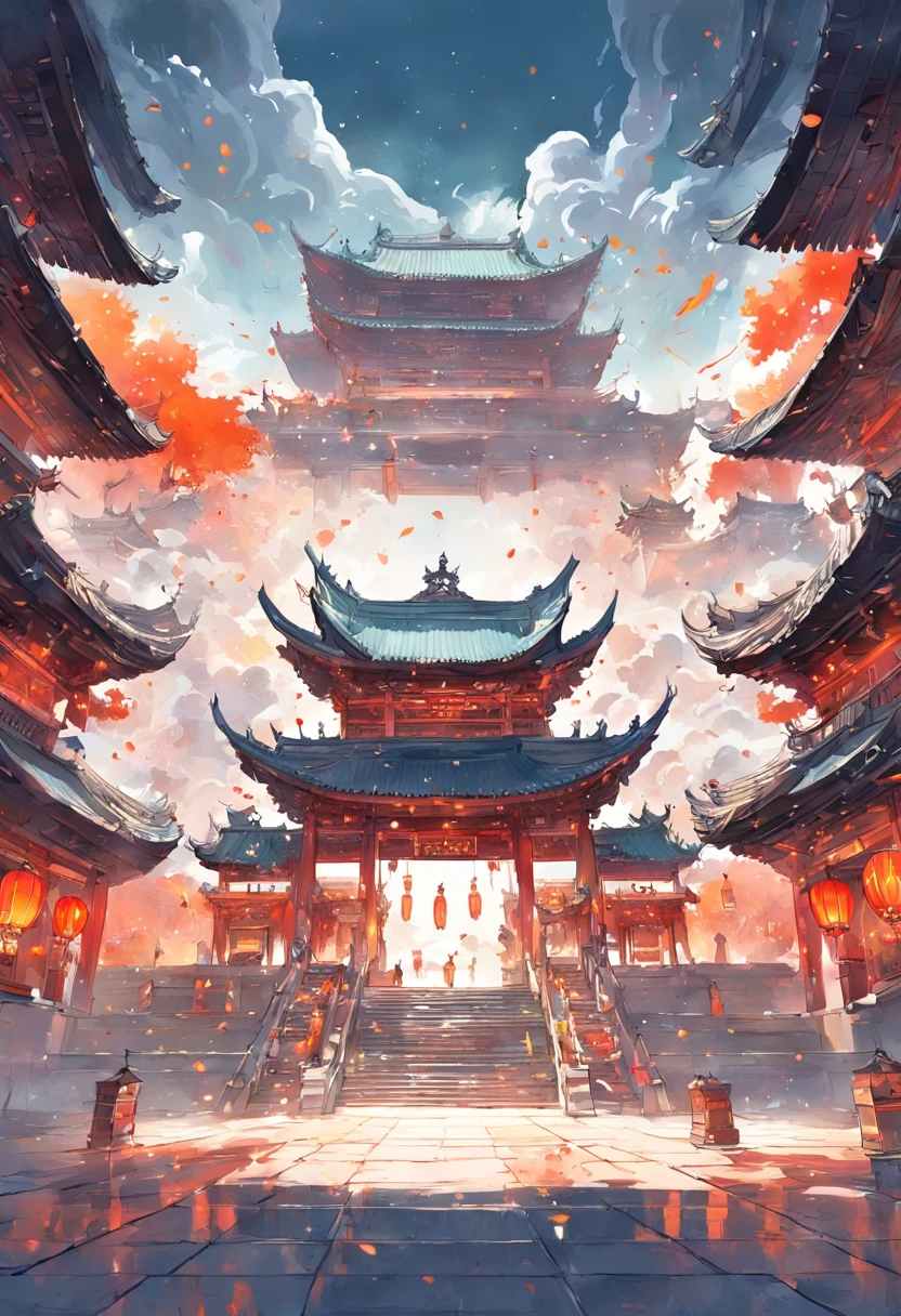 The game scene, the ancient Chinese palace is located above the clouds, surrounded by clouds and mist, majestic, glazed tiles, Buddha statues, lanterns, brilliant colors, long stone steps and archway gates in the foreground ((color ink)),( (splash ink ) ), ((splash ink) ink})), masterpiece, high quality, beautiful graphics, high detail