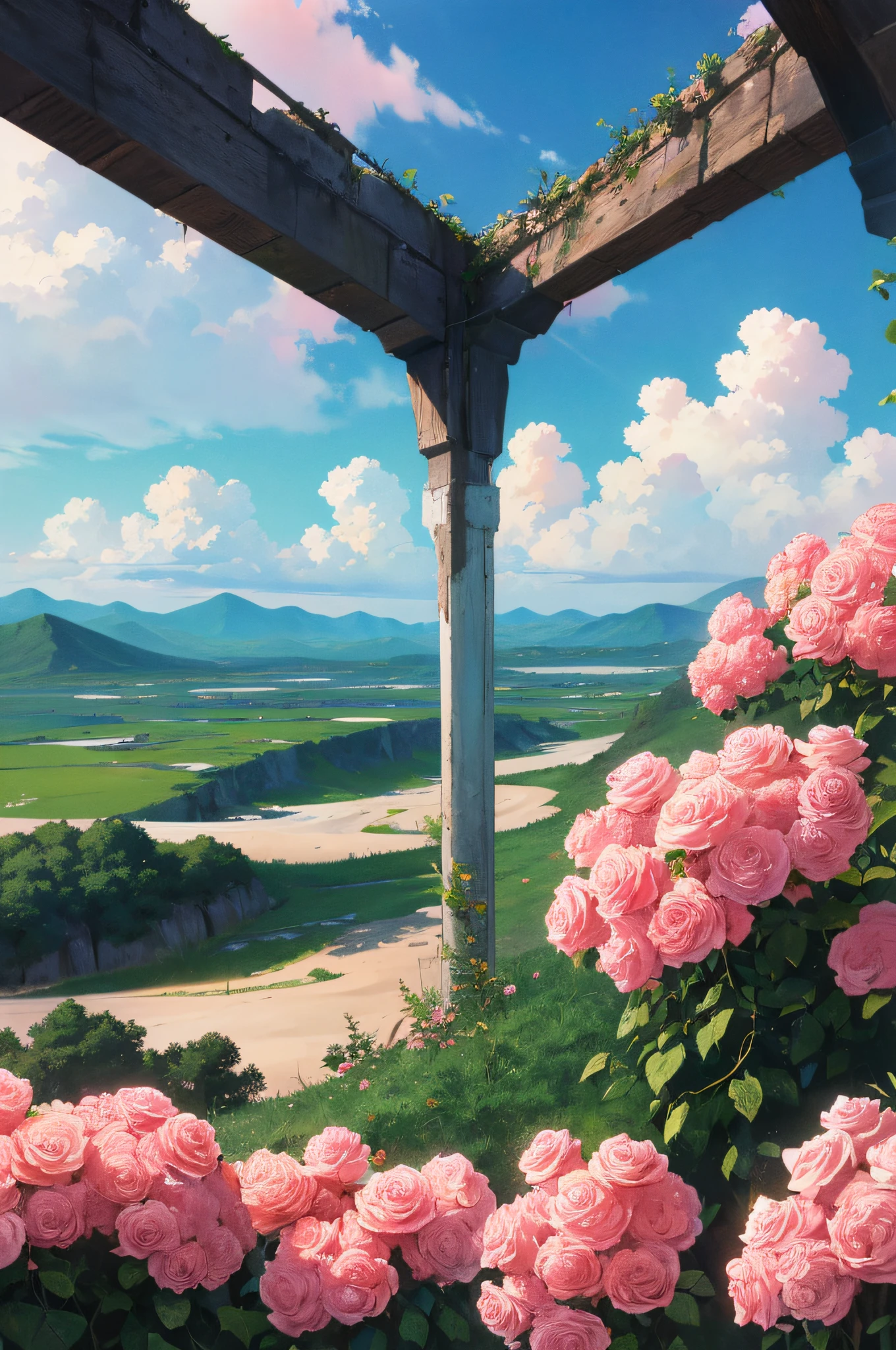 夏天，A desert，Pink clouds，A land overgrown with roses，james gurney，photo of landscape，Pure scenery，Art station rendering，Ultra-wide lens，High- sharpness