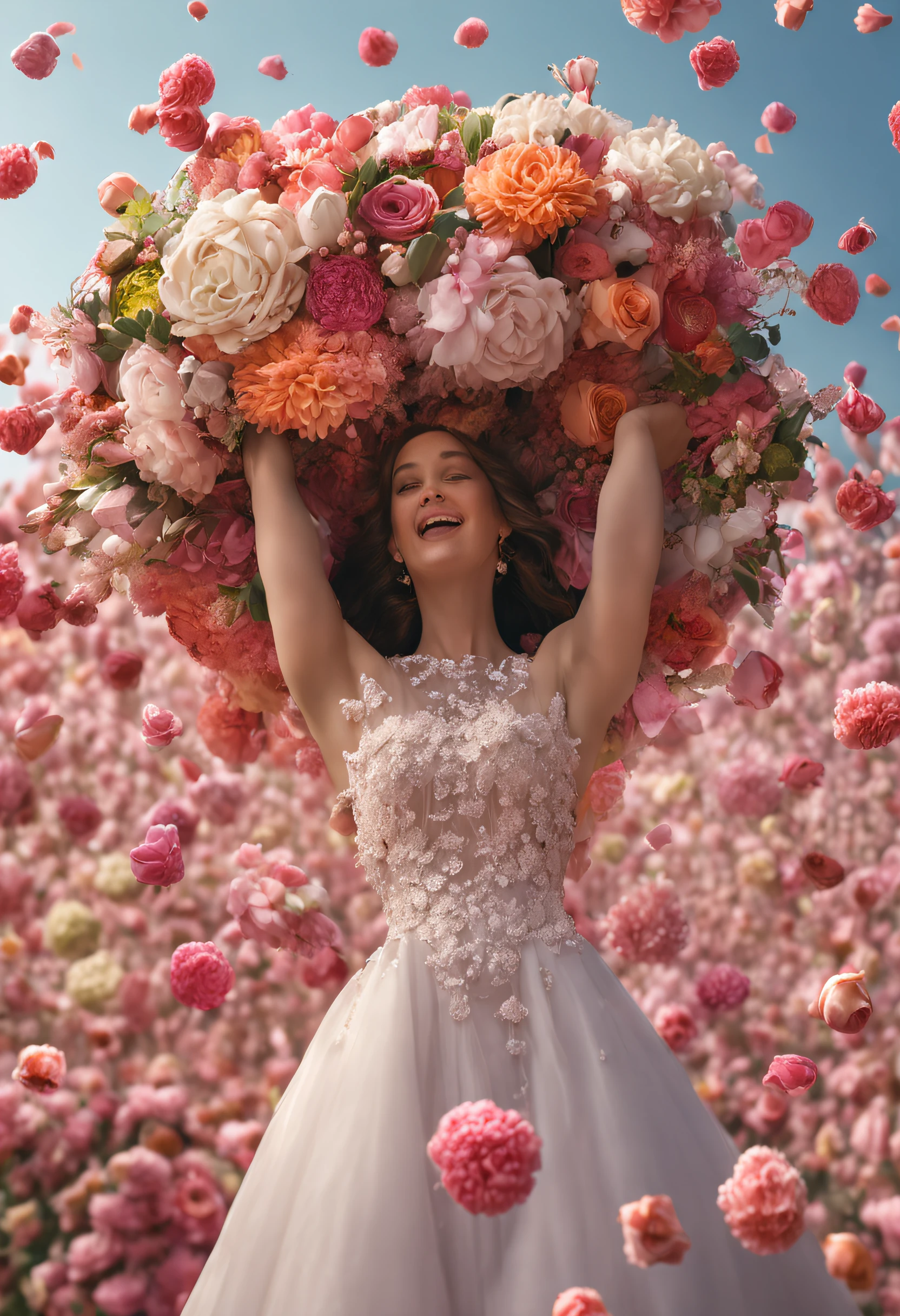 (masutepiece:1.3, high details, Super Detail), Textured skin, Anatomically correct,top-quality, hight resolution,(Best Quality, awardwinning, 16 K, in 8K),Wedding,( Bouquet Toss:2), (Many women in party dresses compete for bouquets:1.5), (The bride throws one bouquet long:1.8) ,(Many women reach out to take one bouquet: 1.5), Like a rugby throw-in、Lots of hands、Many arms are trying to steal a bouquet、(Bouquet in the air:1.8)