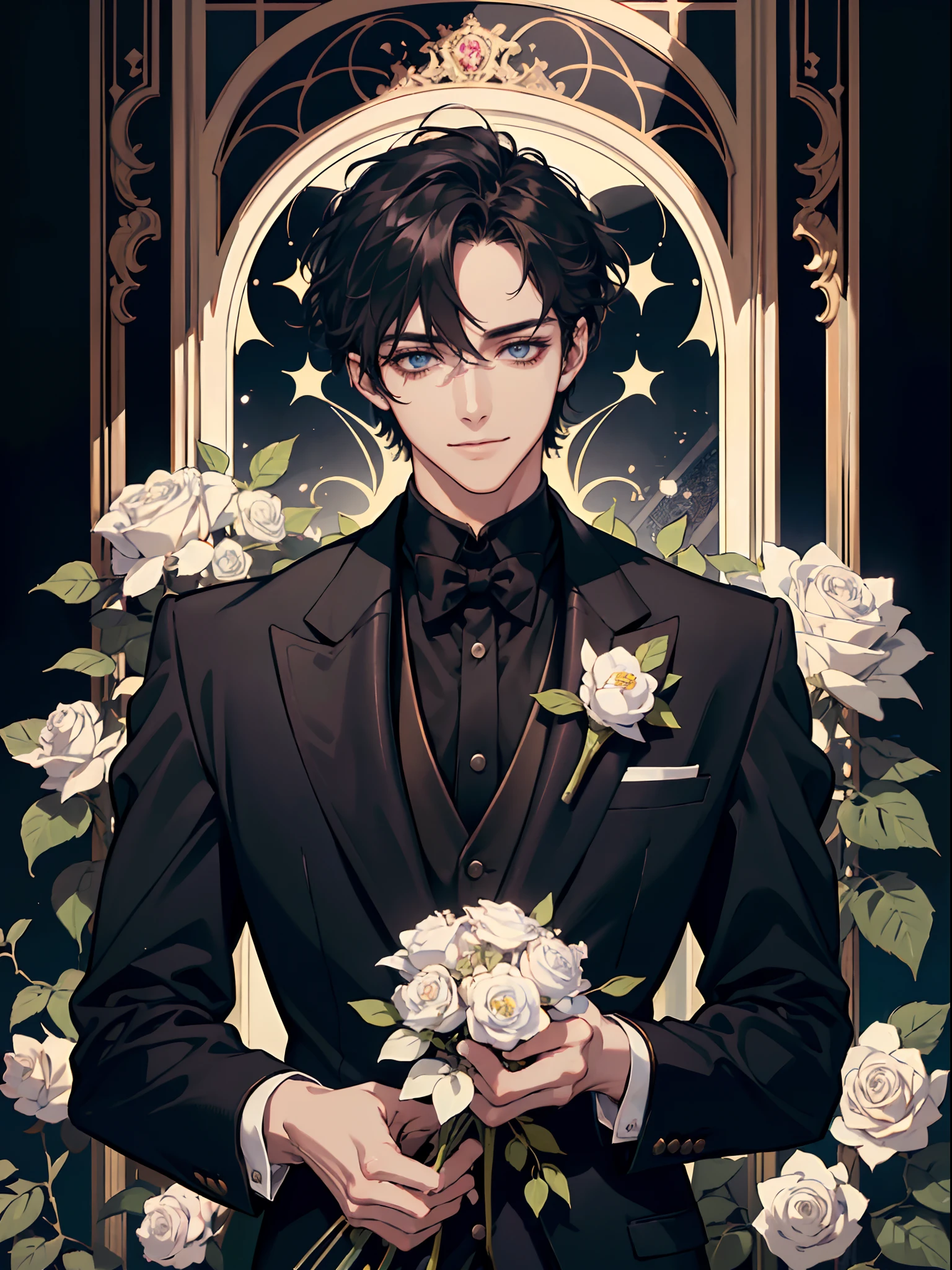 (absurdres, highres, ultra detailed), 1 male, solo, adult, handsome, finely detailed eyes and detailed face, groom, wearing black tuxedo, holding one white roses, the lovers \tarot\, Symbolism, Visual art, Occult, Universal, Vision casting, Philosophical, Iconography, Numerology, Popularity, Artistic, Alphonse Mucha, short hair, smile, happy