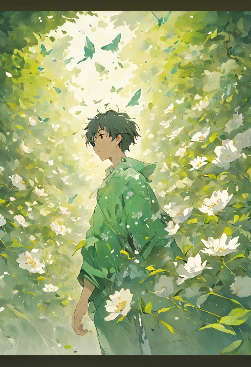 Blooming flowers flutter in the wind,The boy in the flower,Light green and silver design,Pay attention to the texture of the skin and flowers,Sony FE 12-24mm F/2.8 gm,Impressionist garden,Proficient in calligraphy,eco-friendly craftsmanship,Brush stroke exploration