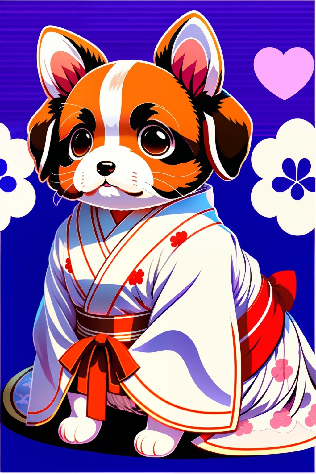 anime style, cute puppy is wedding hakama robe outfit, cute puppy is wedding white kimono outfit, kiss, church_style_doghouse, siting, funny pop art,