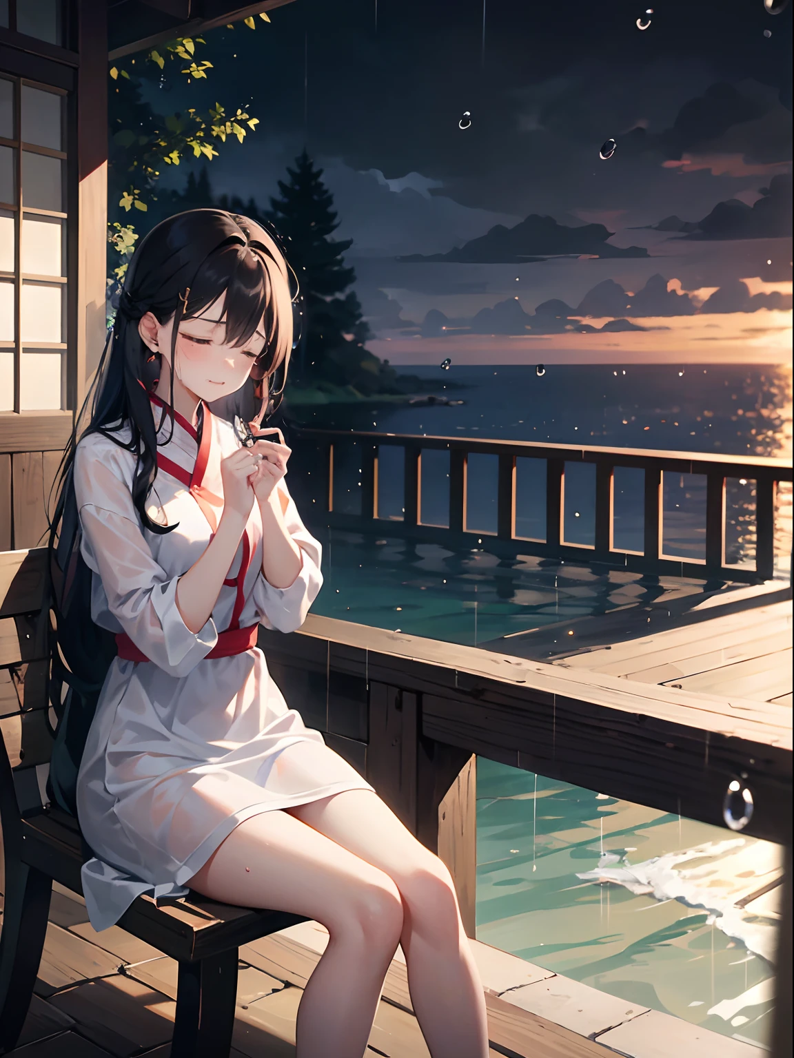 ,Masterpiece, Best quality,8K, 超高分辨率,deep in the night,Man sitting alone on the balcony,Look out over the empty streets。Falling raindrops in the sky wet his cheeks,It was as if nature soothed his soul。He closed his eyes gently,Plunge into a vortex of memory,Retrace the beauty and pain of the past,The waves in my heart rippled again。