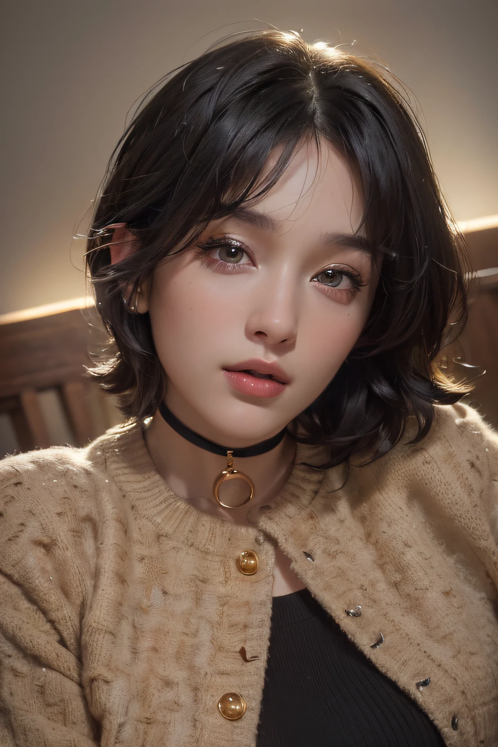 (masterpiece:1.3), (8k, photorealistic, RAW photo, best quality: 1.4), (1girl), beautiful face, (realistic face), (black hair, short hair:1.3), beautiful hairstyle, realistic eyes, beautiful detailed eyes, (realistic skin), beautiful skin, (sweater), absurdres, attractive, ultra high res, ultra realistic, highly detailed, golden ratio