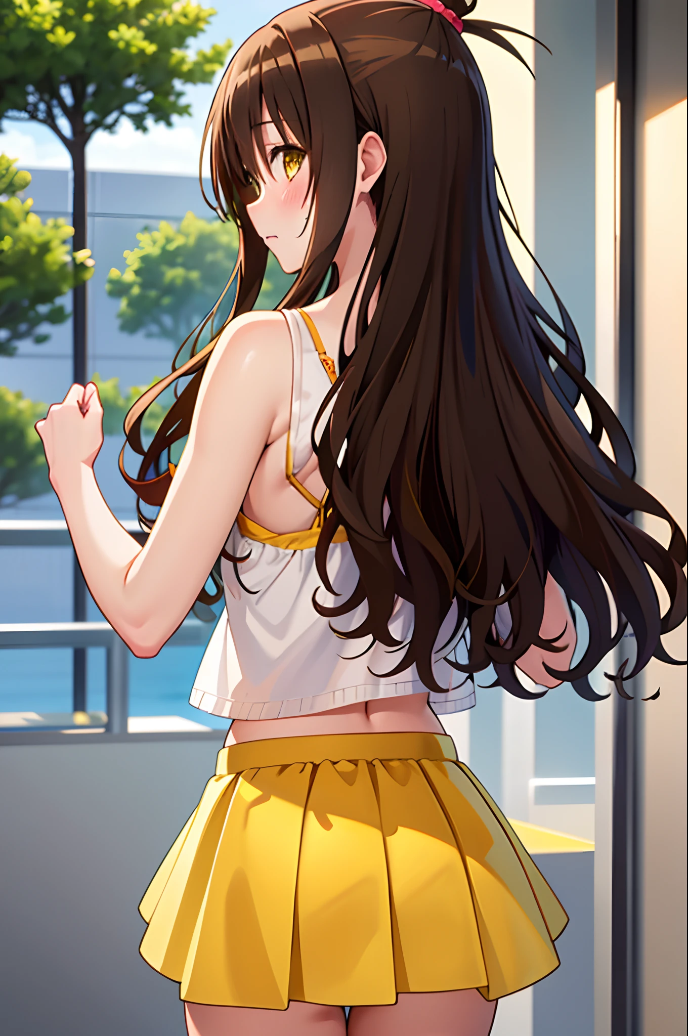 yuuki mikan, brown hair, yellow eyes, hair ornaments, long hair, topknot, wavy hair, small breasts, from behind, expose back, mini skirt, (upper body)