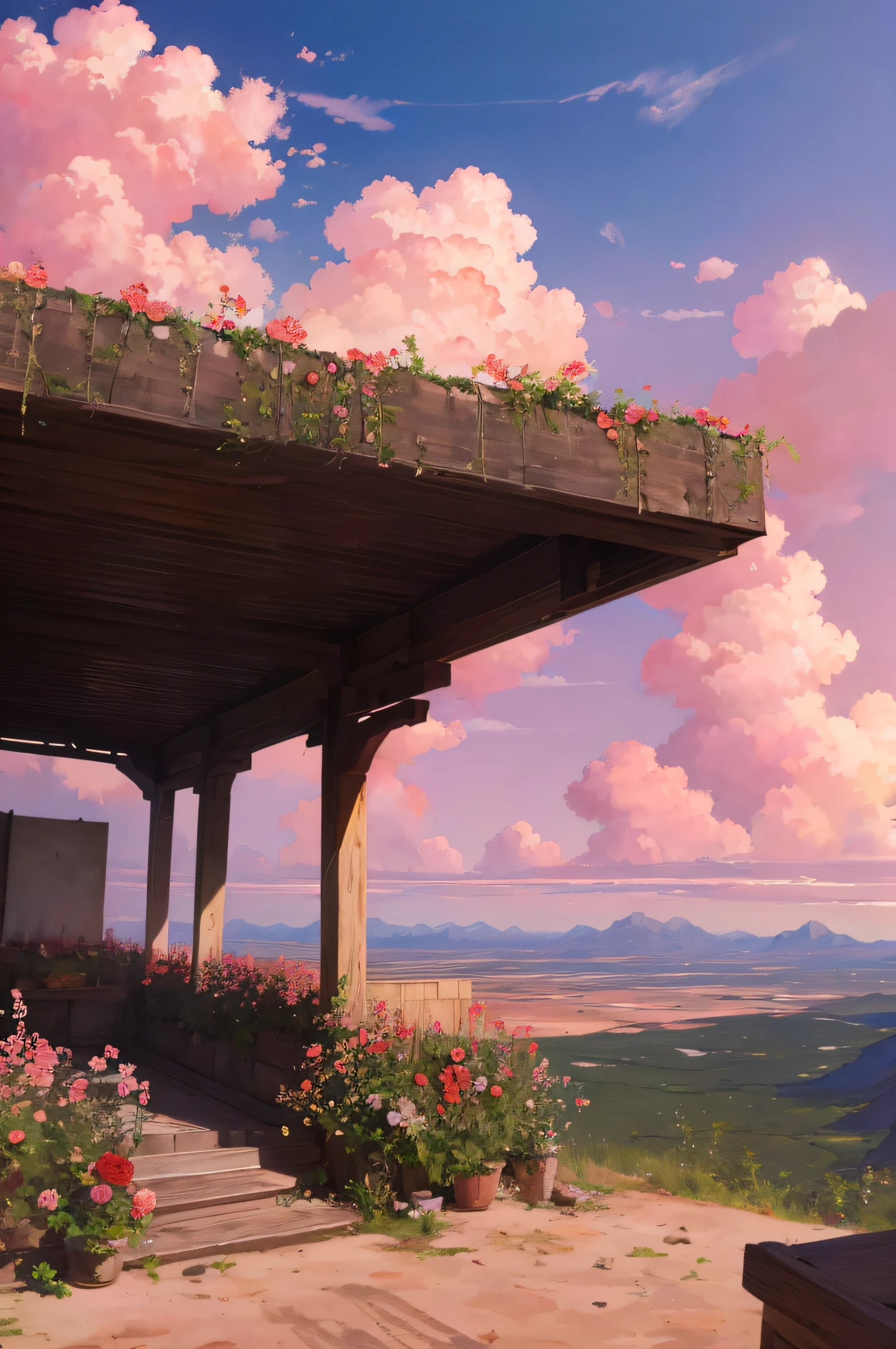 Summer, desert, pink clouds, a field full of roses, James Gurney, art station rendering, super wide lens, high definition