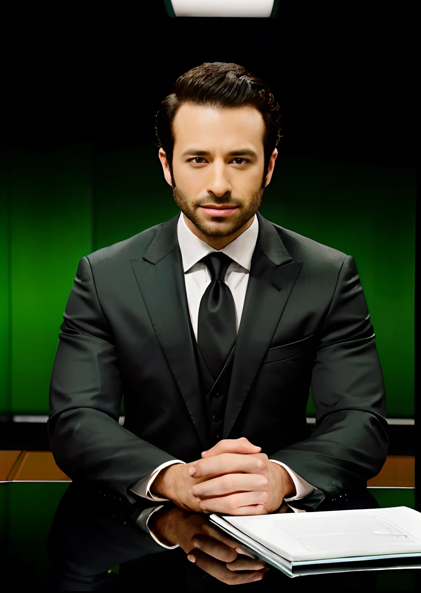 arafed man in black suit and tie sitting at a table, photo of a man, sitting at desk, wearing a news anchor suit, corporate photo, handsome man, green colour background