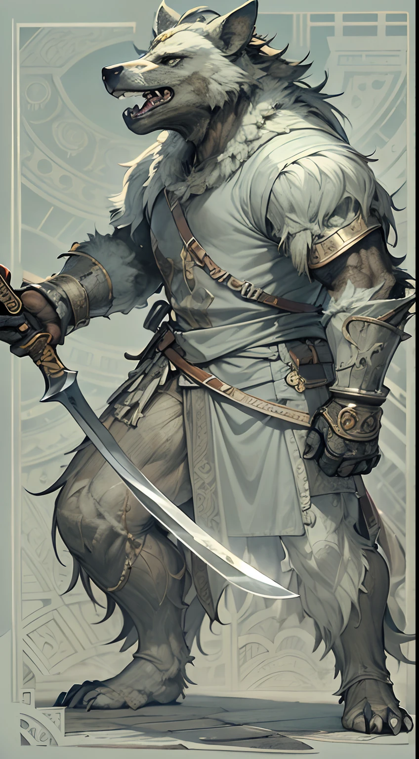Game character standing drawing design，gnoll，cunning，With a knife，Fighting posture，（full bodyesbian：1.4），solid color backdrop，clean backdrop，depth of fields，high light，Real light，Ray traching，OC renderer，UE5 renderer，Hyper-realistic，best qualtiy，8K，Works of masters，super-fine，Detailed pubic hair，Correct anatomy，