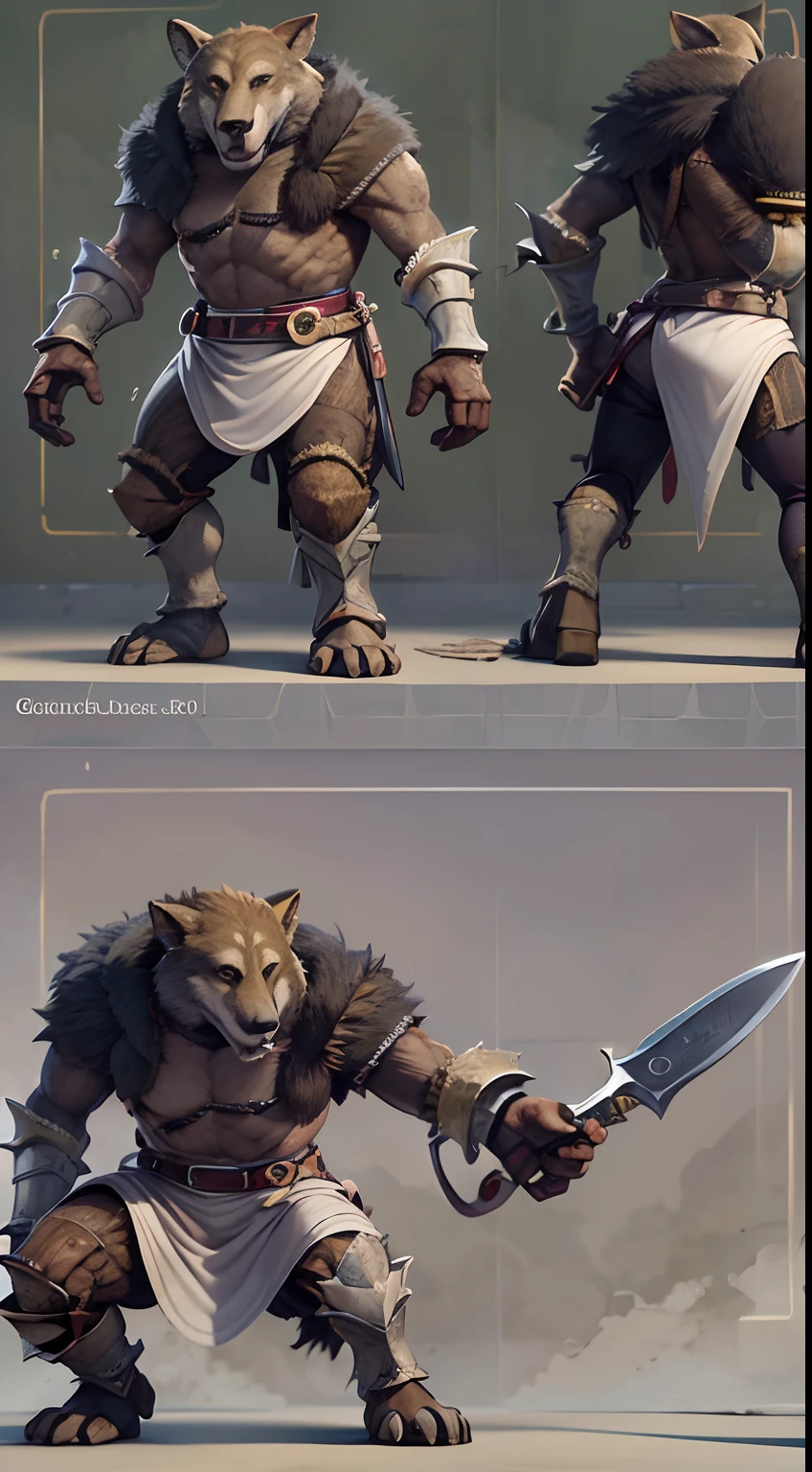 Game character standing drawing design，gnoll，cunning，With a knife，Fighting posture，（full bodyesbian：1.4），solid color backdrop，clean backdrop，depth of fields，high light，Real light，Ray traching，OC renderer，UE5 renderer，Hyper-realistic，best qualtiy，8K，Works of masters，super-fine，Detailed pubic hair，Correct anatomy，