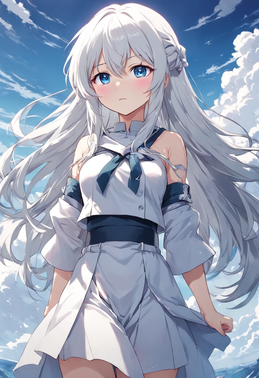 Woman with long white hair and blue eyes standing in the sky, Anime visuals of cute girls, Girl with white hair, perfect gray hair girl, white haired god, white hair, Kantai Collection Style, anime clouds, young anime girl, anime moe art style, Anime Best Girl, (Anime Girl), an anime girl, White-haired, flowing white hair