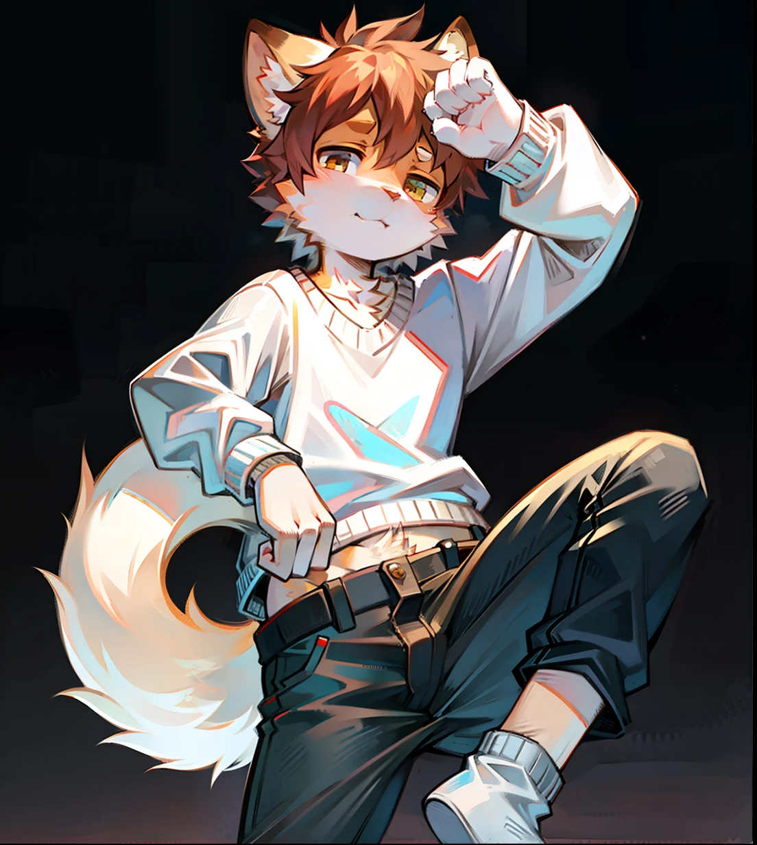Furry,Furry cat boy,(Face away from the camera),(Wear short white socks),(((Pull the poop into your pants))),(((Pants full of poop))),((pantiess)),solo person,high high quality
