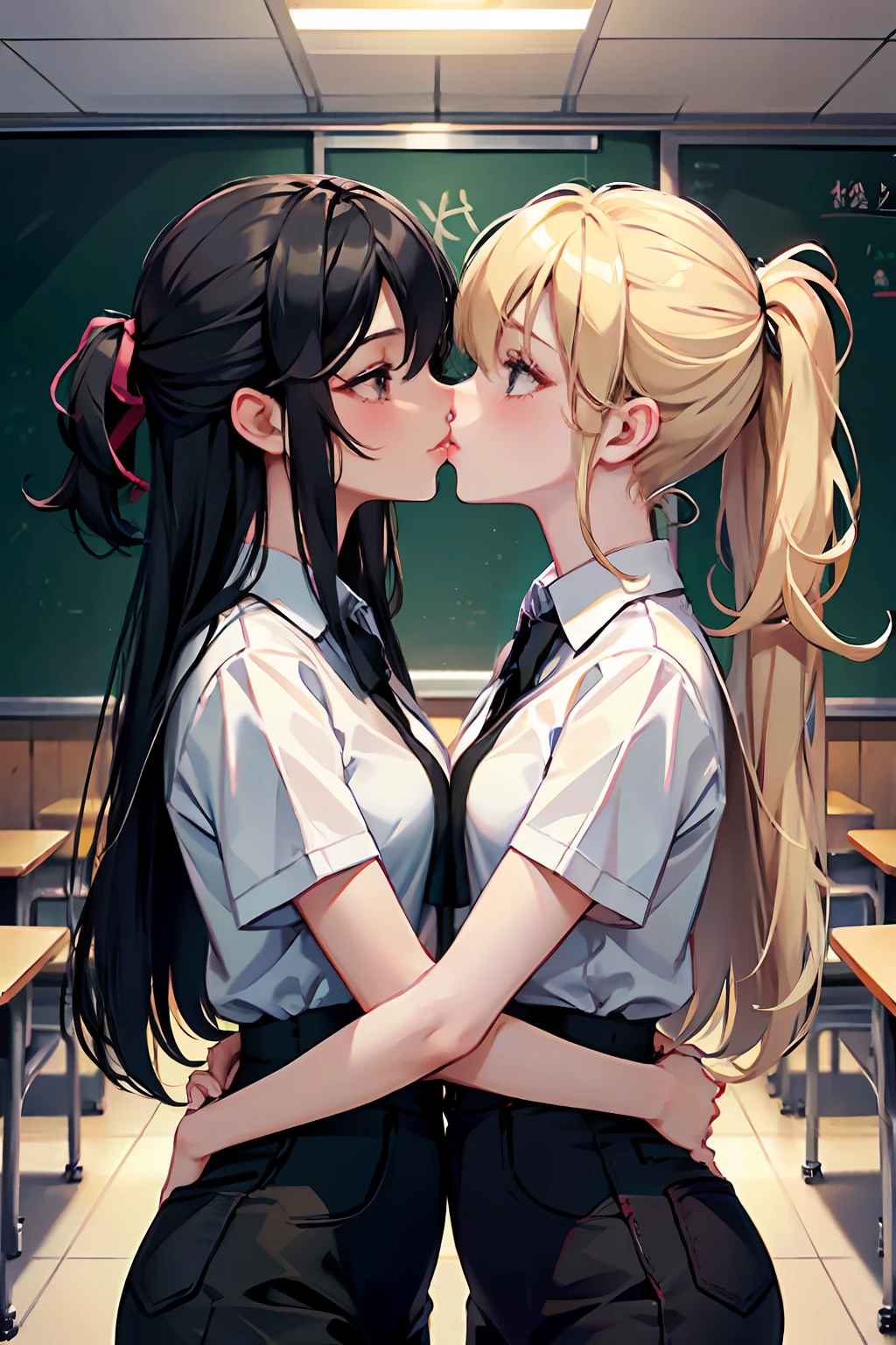 Two girls，Same stature，One black hair and one blonde，Hold each other，The two bodies are close together，Kiss，in class room