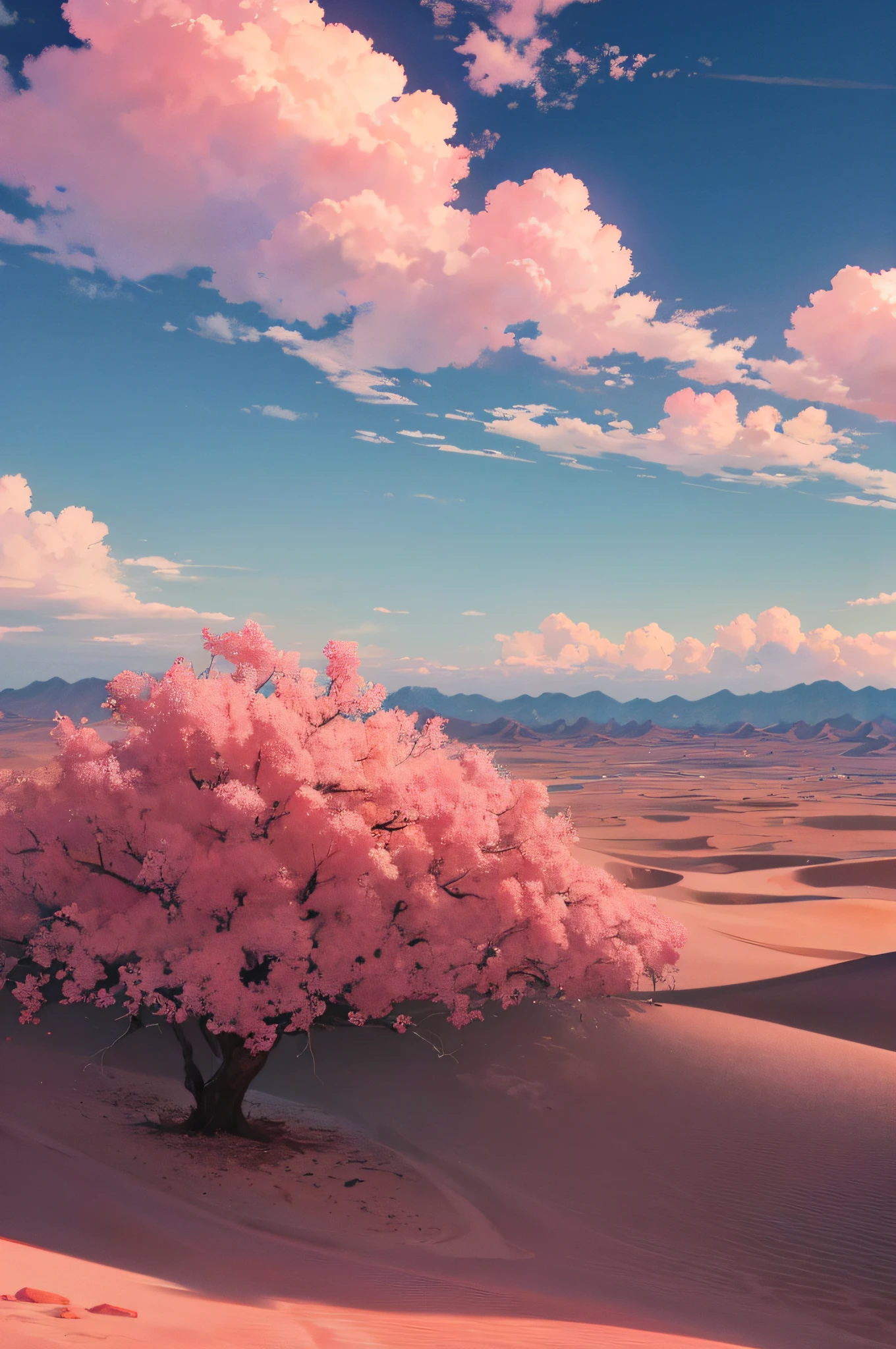 夏天，A desert，Pink clouds，A land overgrown with roses，james gurney，photo of landscape，Pure scenery，Art station rendering，Ultra-wide lens，High- sharpness