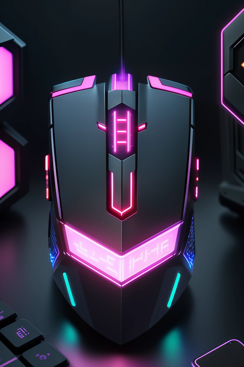 There is a glowing design of the computer mouse, cyber neon lights, cyber neon lights, Futuristic neon, cyber led neon lighting, neon scales and cyborg tech, glowing neon lights, cyberpunk futuristic neon, stylized neon, neon glowing, glowing neon lights, neon operator, Cyberpunk neon, bright cyberpunk glow, neon edges on bottom of body, cyborg mouse,Ergonomic,A sense of future technology,It has a certain degree of productivity