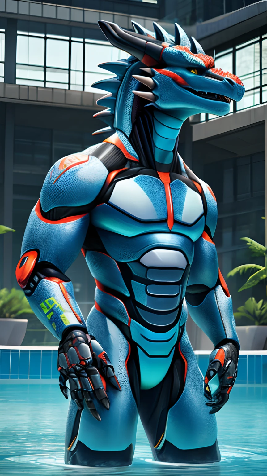 Bionic robot dragon,male,Android,nakeness,stands in a pool of water,HD graphics,Detailed and realistic,high detal,high qulity,photo-realistic,photorealistic eye,Detailed paws,Clear eyes,Masterpiece artwork,Five-fingered hands