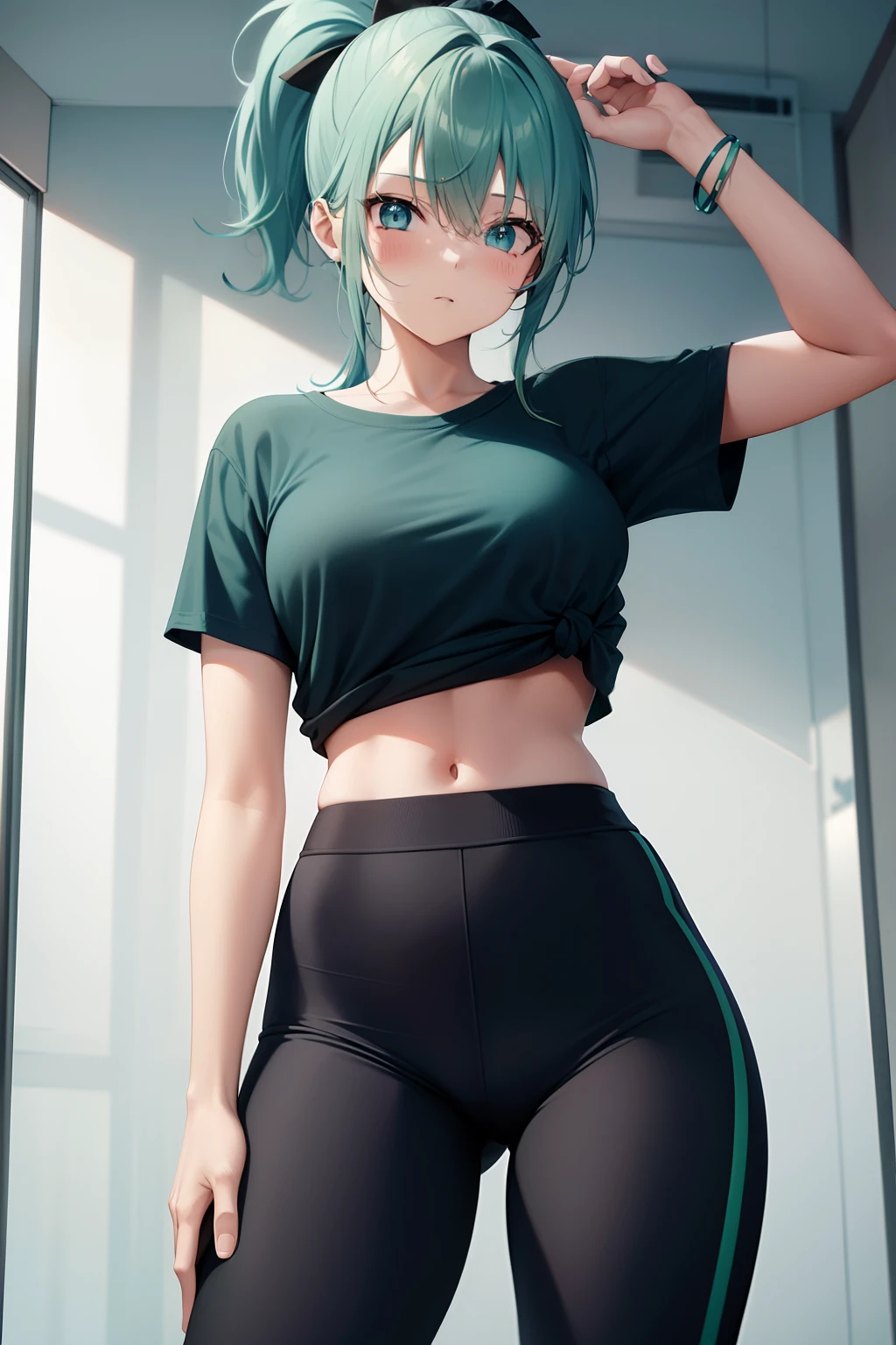 light Blue-green hair, Athletic girl, ponytail, black Lingerie, black t-shirt, Knotted hem, yoga pants