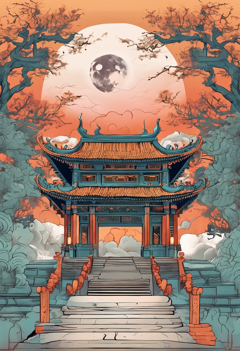 the night ,themoon ,game scenes,Ancient Chinese palaces are located above the clouds,surrounded by cloud,Homem-Imponente,glazed tiles,BUDDHA STATUE,lanterns,gorgeous color,In the foreground are long stone steps and archway gates((Color ink)),( (splash ink ) ), ((splash ink) ink})), tmasterpiece,high qulity,Beautiful graphics,high detal