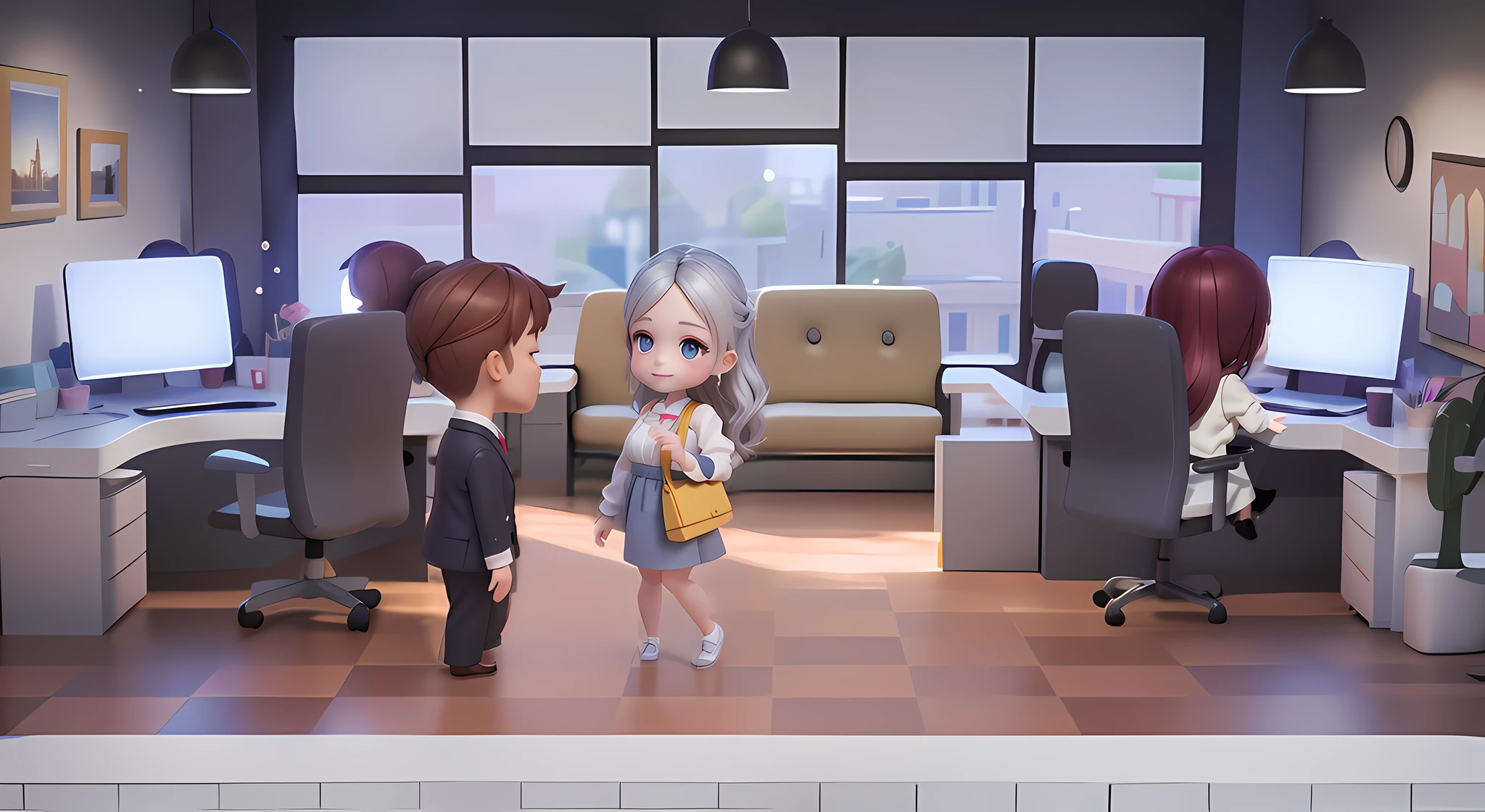 delicated face，The expression is beautiful and cute，.。.。.。.3D Pixar animation style，tmasterpiece， best qualityer, ultra - detailed, Lori blonde girl, Long dress with a big smile, full bodyesbian,  moderno, Modern accessories, ，Office scene，overtime，inside in room，ssee-through，A group of white-collar workers sat in their seats，Face away from the camera，  Beautiful lighting and ambient light，Pastel tonal background , Extremely colorful， 。.。.。.。.。.3D Q style，tchibi，A cinematic scene，Super details romantic soft focus and ethereal light，The sun shines on it，A cinematic scene，Full body 2D artwork，blur backgroun，romantic soft focus and ethereal light，The sun shines on it，A cinematic scene，super detailing，pix： 2 style，Pope Martin，movie light effect，brightly，OC renderer，C4D，。.。.。.。.。.3D，blender，8K，4K，Warm colors --NIJI 5 -- --q 2，