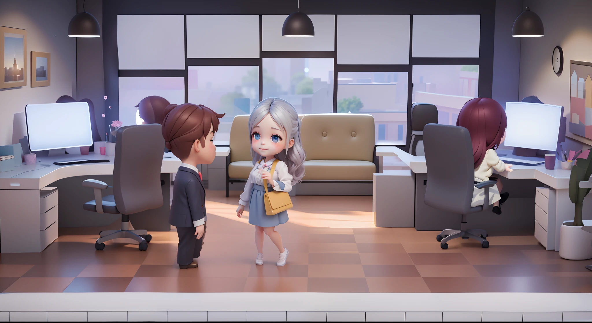 delicated face，The expression is beautiful and cute，.。.。.。.3D Pixar animation style，tmasterpiece， best qualityer, ultra - detailed, Lori blonde girl, Long dress with a big smile, full bodyesbian,  moderno, Modern accessories, ，Office scene，overtime，inside in room，ssee-through，A group of white-collar workers sat in their seats，Face away from the camera，  Beautiful lighting and ambient light，Pastel tonal background , Extremely colorful， 。.。.。.。.。.3D Q style，tchibi，A cinematic scene，Super details romantic soft focus and ethereal light，The sun shines on it，A cinematic scene，Full body 2D artwork，blur backgroun，romantic soft focus and ethereal light，The sun shines on it，A cinematic scene，super detailing，pix： 2 style，Pope Martin，movie light effect，brightly，OC renderer，C4D，。.。.。.。.。.3D，blender，8K，4K，Warm colors --NIJI 5 -- --q 2，