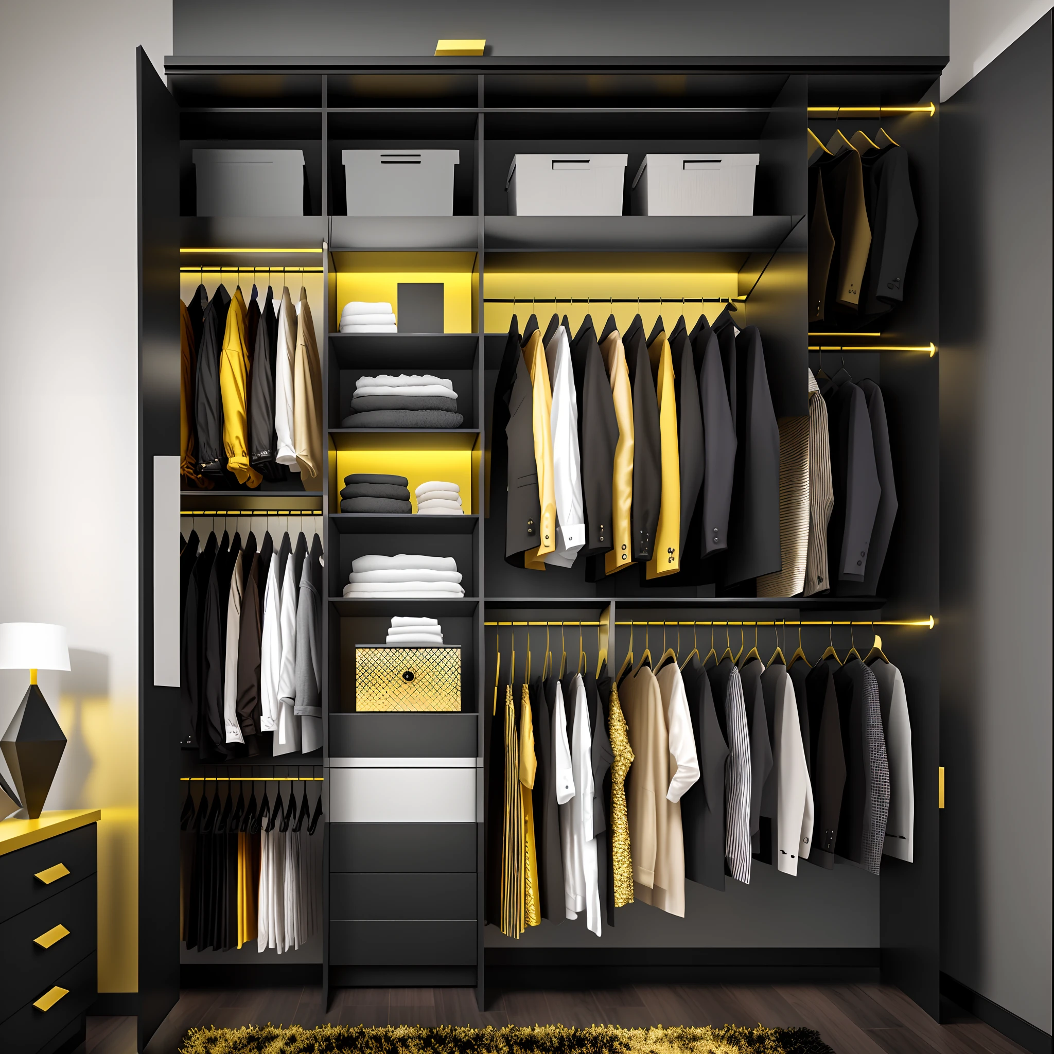 A close-up of a closet with lots of clothes, elegant wardrobe, elegant futuristic wardrobe, cabinet furniture, gold and black color scheme, clothing photography, Small room, photorealistic room, exiting from a wardrobe, Full clothing, black and yellow scheme, High customization, black show room, realistic dress, Black color scheme, 3d product, Black and yellow color scheme