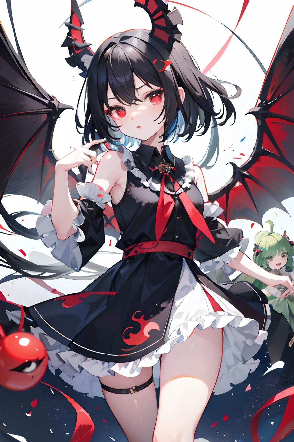 vtuber，Black color hair，Idol girl，Monsters are anthropomorphic，Four small white wings，Heterochromic pupils，Maniac，Shower skirt，Anime girl with wings and red oriental style bubble skirt holding green caterpillar,touhou character，small curvaceous loli，，Exaggerated double pill head，Exaggerated expressions，Naughty，Very long sideburns，1gril，Slightly fat
