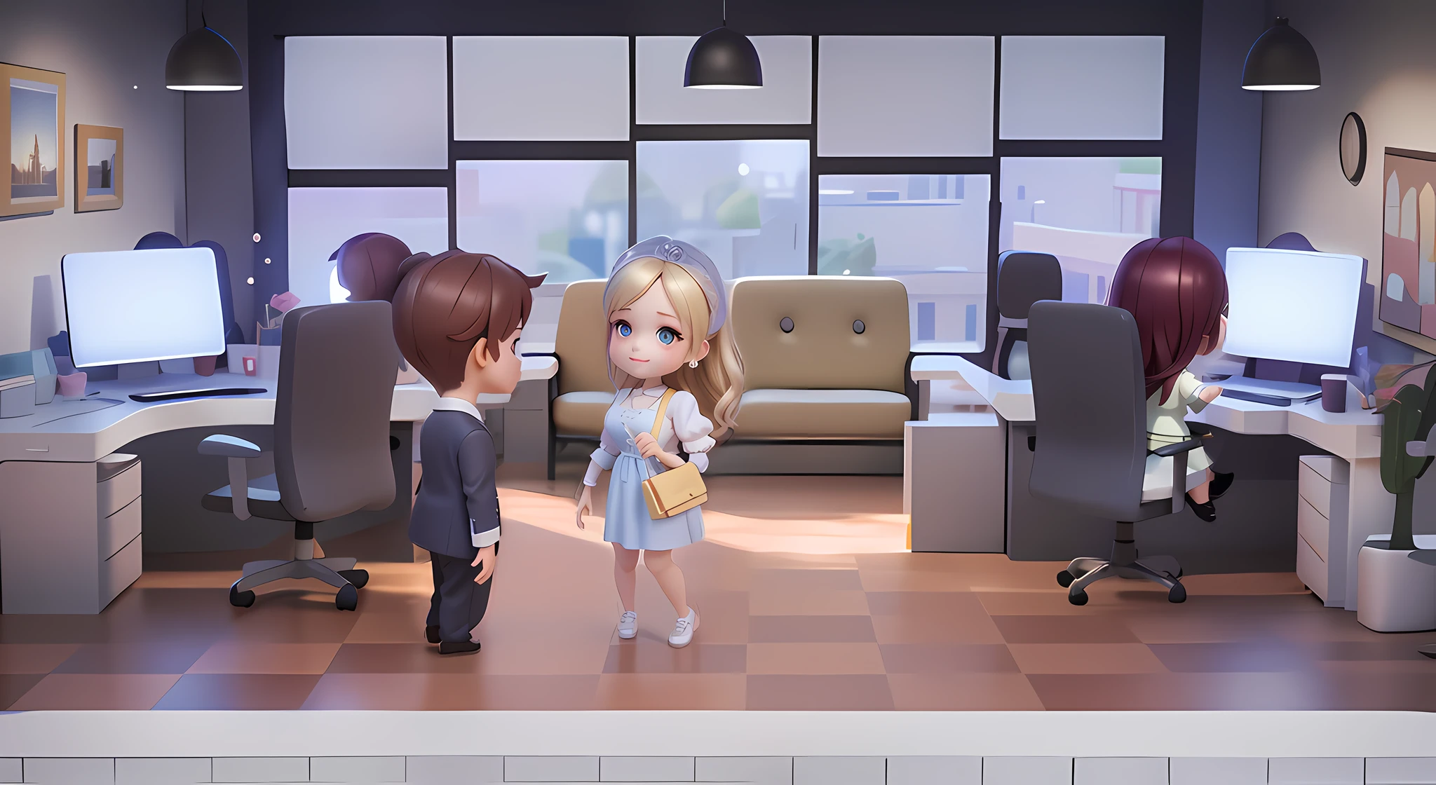 delicated face，The expression is beautiful and cute，.。.。.。.3D Pixar animation style，tmasterpiece， best qualityer, ultra - detailed, Lori blonde girl, Long dress with a big smile, full bodyesbian,  moderno, Modern accessories, ，Office scene，overtime，inside in room，ssee-through，A group of white-collar workers sat in their seats，Face away from the camera，  Beautiful lighting and ambient light，Pastel tonal background , Extremely colorful， 。.。.。.。.。.3D Q style，tchibi，A cinematic scene，Super details romantic soft focus and ethereal light，The sun shines on it，A cinematic scene，Full body 2D artwork，blur backgroun，romantic soft focus and ethereal light，The sun shines on it，A cinematic scene，super detailing，pix： 2 style，Pope Martin，movie light effect，brightly，OC renderer，C4D，。.。.。.。.。.3D，blender，8K，4K，Warm colors --NIJI 5 -- --q 2，