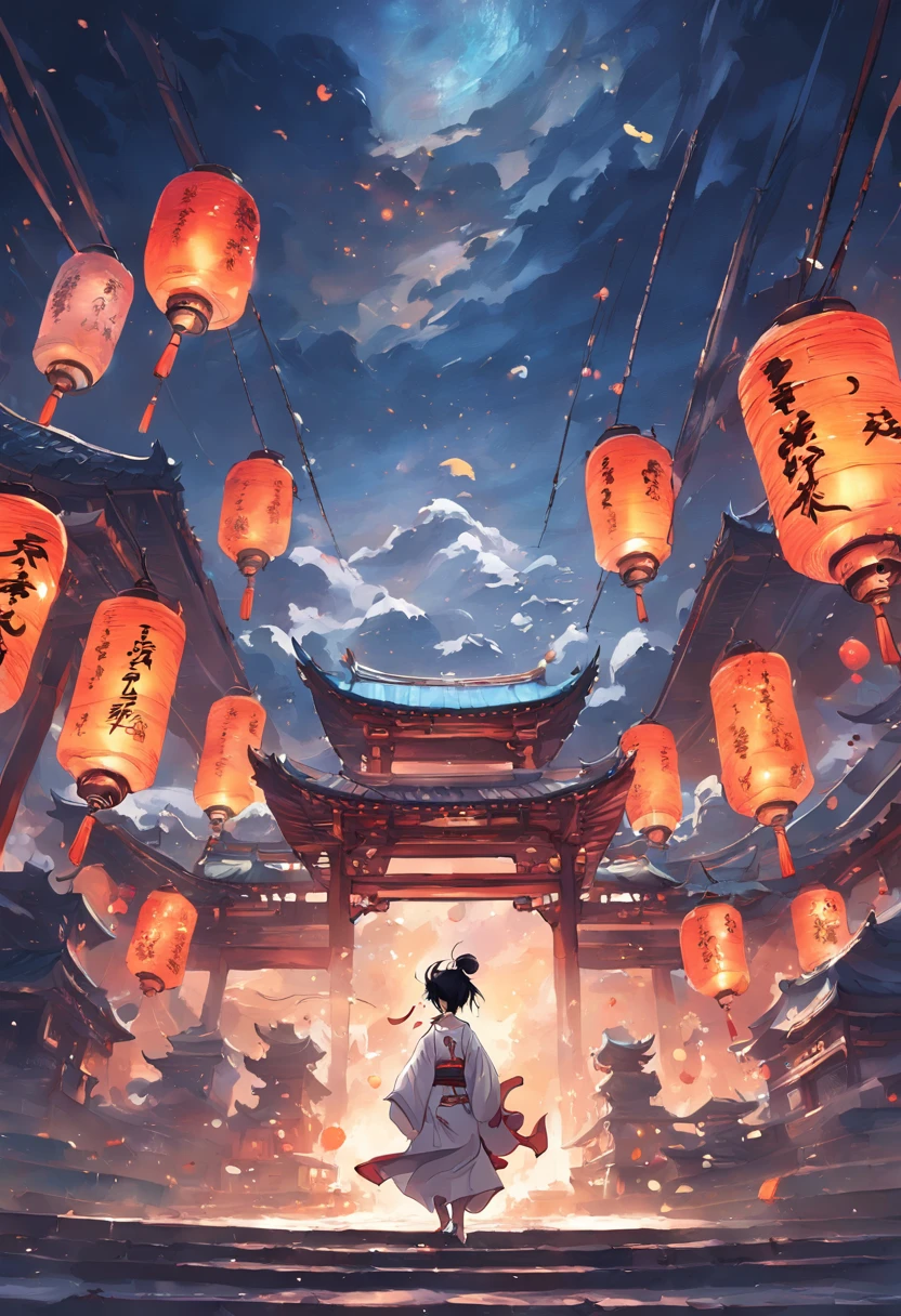 the night，themoon，game scenes，Ancient Chinese palaces are located above the clouds，surrounded by cloud，Homem-Imponente，glazed tiles，BUDDHA STATUE，Lanterns，gorgeous color，In the foreground are three arches((Color ink)),( (Splash ink ) ), ((Splash ink) ink})), tmasterpiece，high qulity，Beautiful graphics，high detal