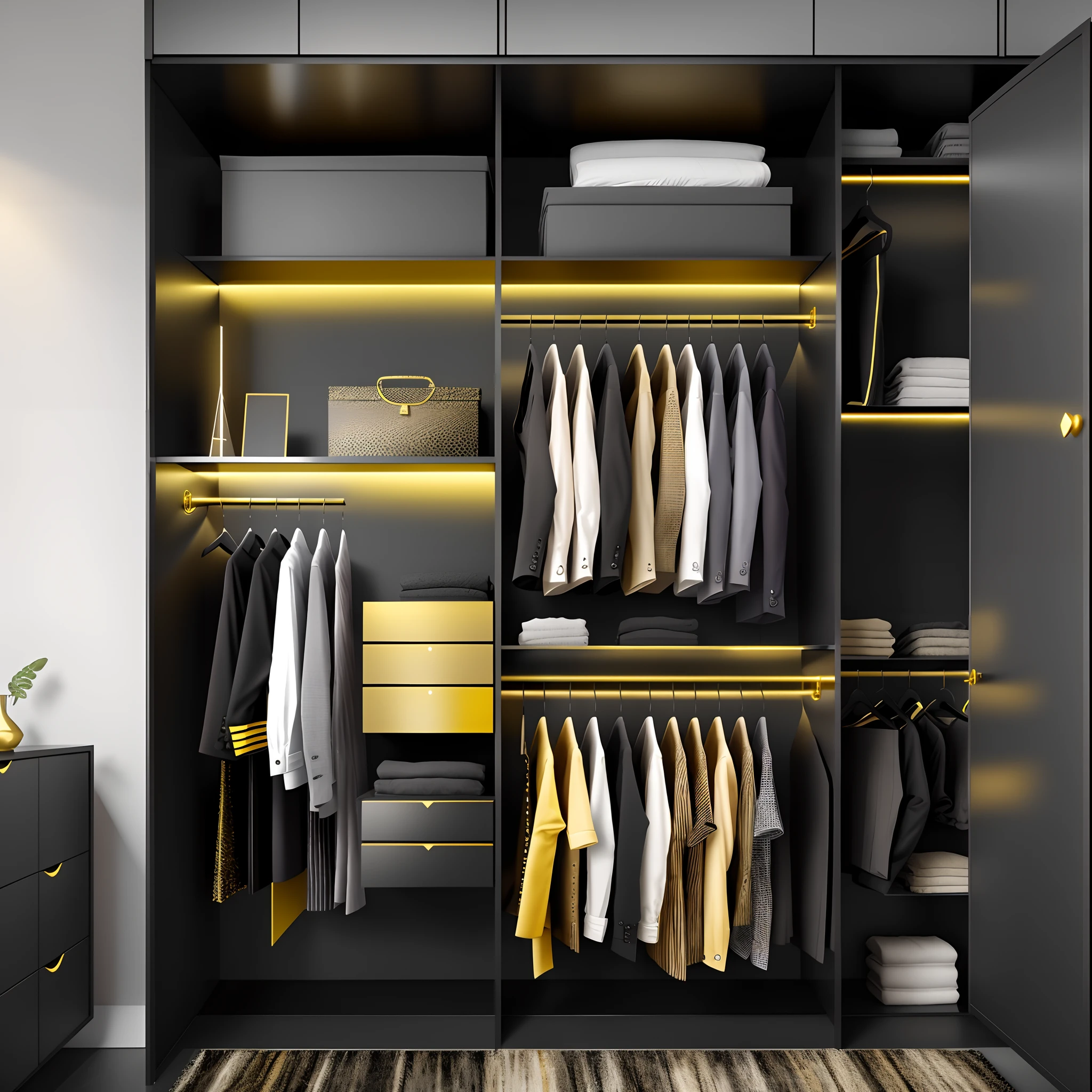 A close-up of a closet with lots of clothes, elegant wardrobe, elegant futuristic wardrobe, cabinet furniture, gold and black color scheme, clothing photography, Small room, photorealistic room, exiting from a wardrobe, Full clothing, black and yellow scheme, High customization, black show room, realistic dress, Black color scheme, 3d product, Black and yellow color scheme