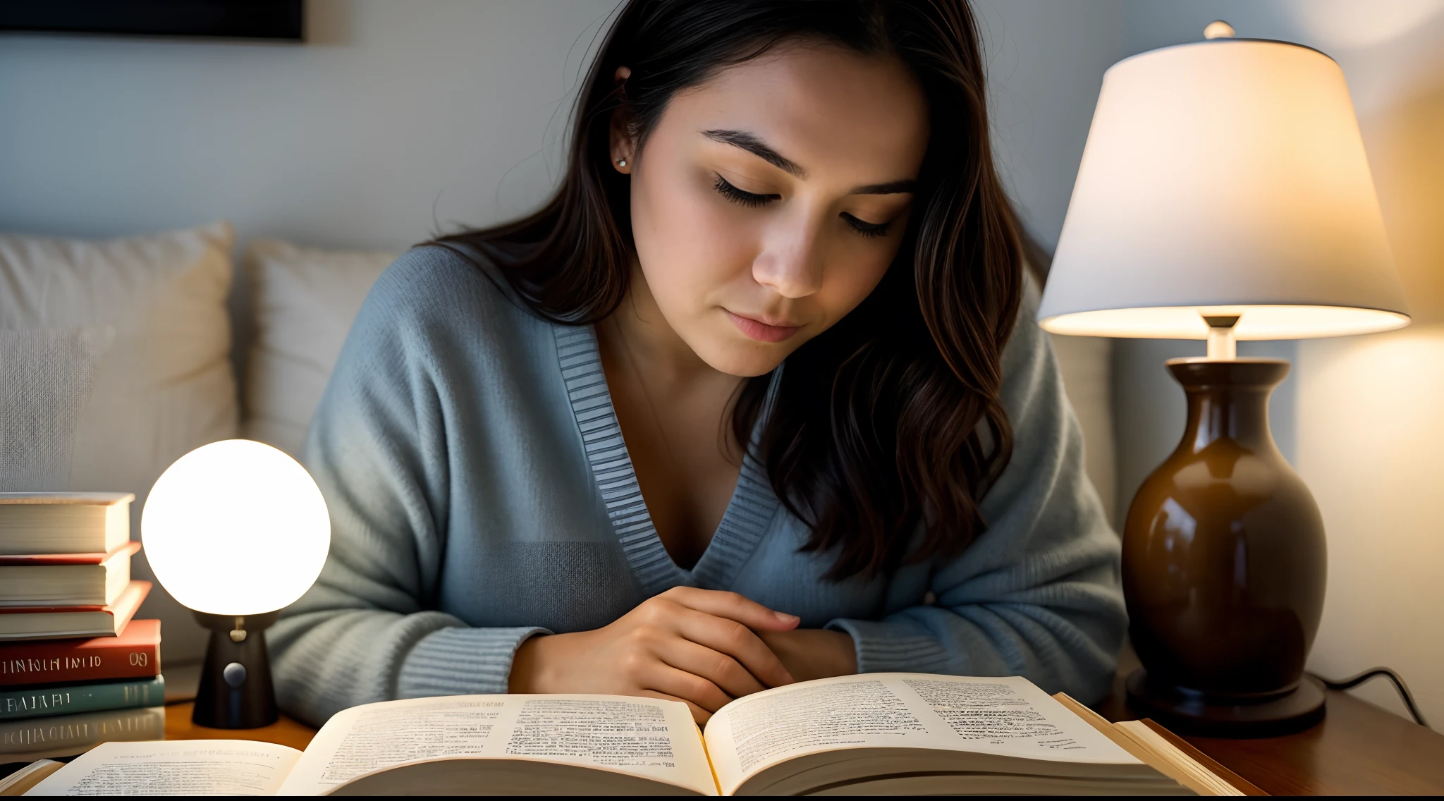 instagram photo, closeup face photo, A poignant composition featuring a woman reading beneath the soft glow of a reading lamp, immersed in the world of literature, Fujifilm X-T4 with 35mm f/2 lens, cozy ambient lighting, contemplative photography.