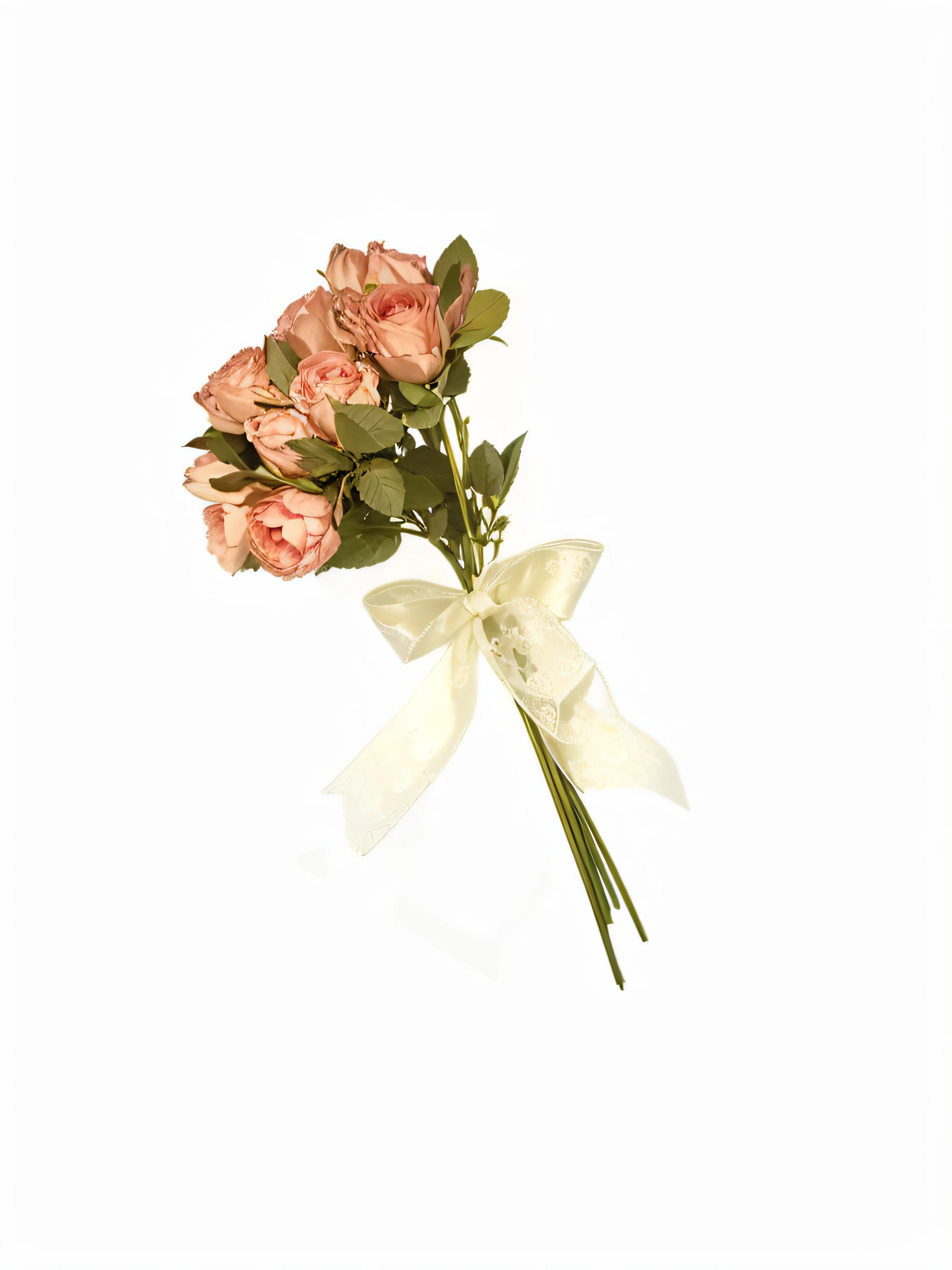There is a bouquet of roses tied to a ribbon on a white background, natural point rose', decorative roses, Bouquet, flower bouquet, 5D, 5 d, Rose, rosette, 4 d, 4D, a few roses, peach embellishment, stunningly realistic, pastel roses, wilted flowers, floating bouquets, rosses, Very realistic, Rozen Maiden,hand painted style