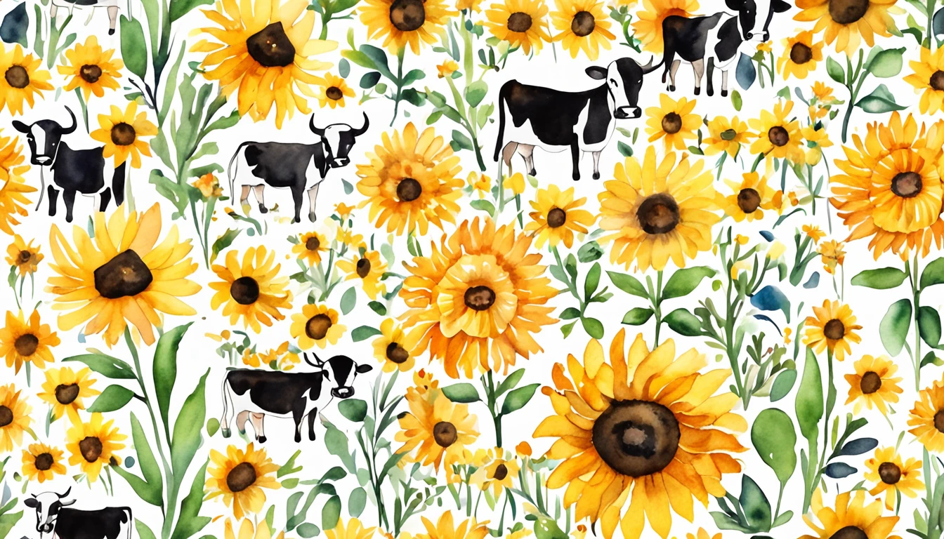 A cute American cow,There are black and white spots,A garland of sunflowers is worn on the head,Positive perspective,cow head