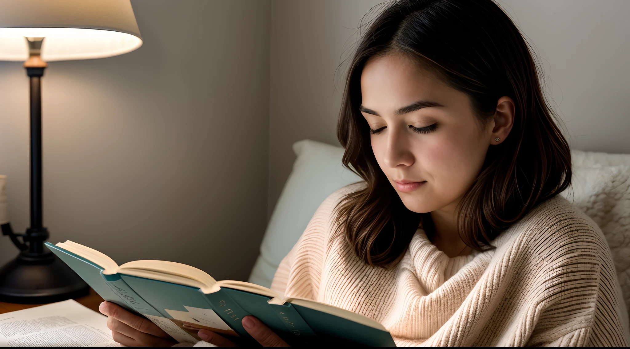 instagram photo, closeup face photo, A poignant composition featuring a woman reading beneath the soft glow of a reading lamp, immersed in the world of literature, Fujifilm X-T4 with 35mm f/2 lens, cozy ambient lighting, contemplative photography.