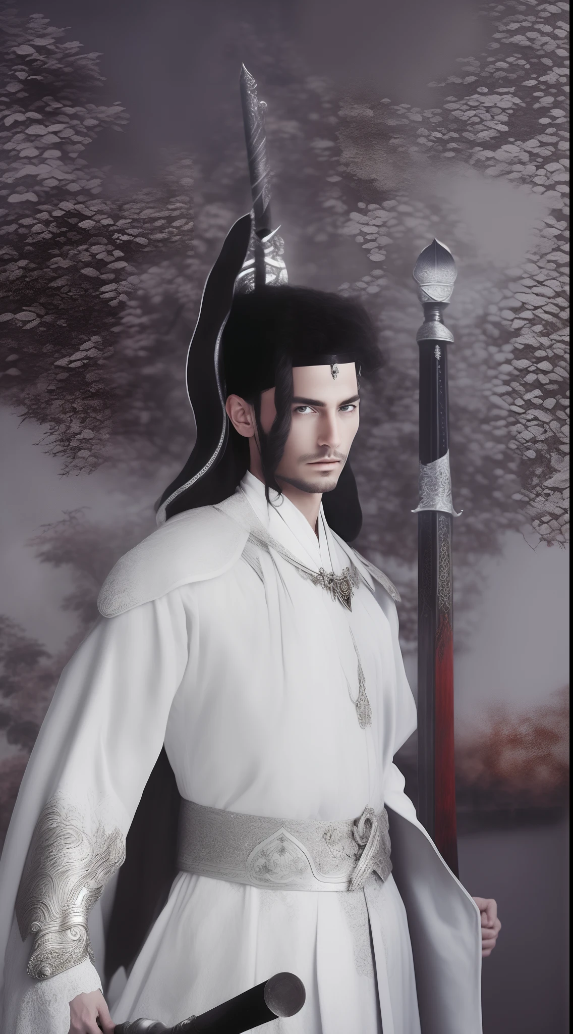 There was a man in a white antique robe holding a long sword，flowy