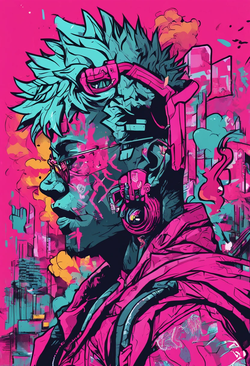 Generate a series of images that represent a graffiti-style anime theme, incorporando elementos como jujutsu kaisen. Use a neon color palette to convey a sense of technology. Create 4 variations.
