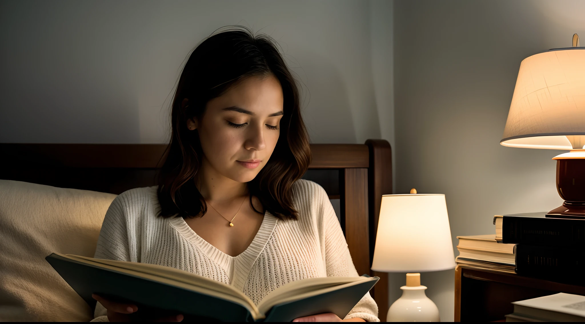 instagram photo, closeup face photo, A poignant composition featuring a woman reading beneath the soft glow of a reading lamp, immersed in the world of literature, Fujifilm X-T4 with 35mm f/2 lens, cozy ambient lighting, contemplative photography.