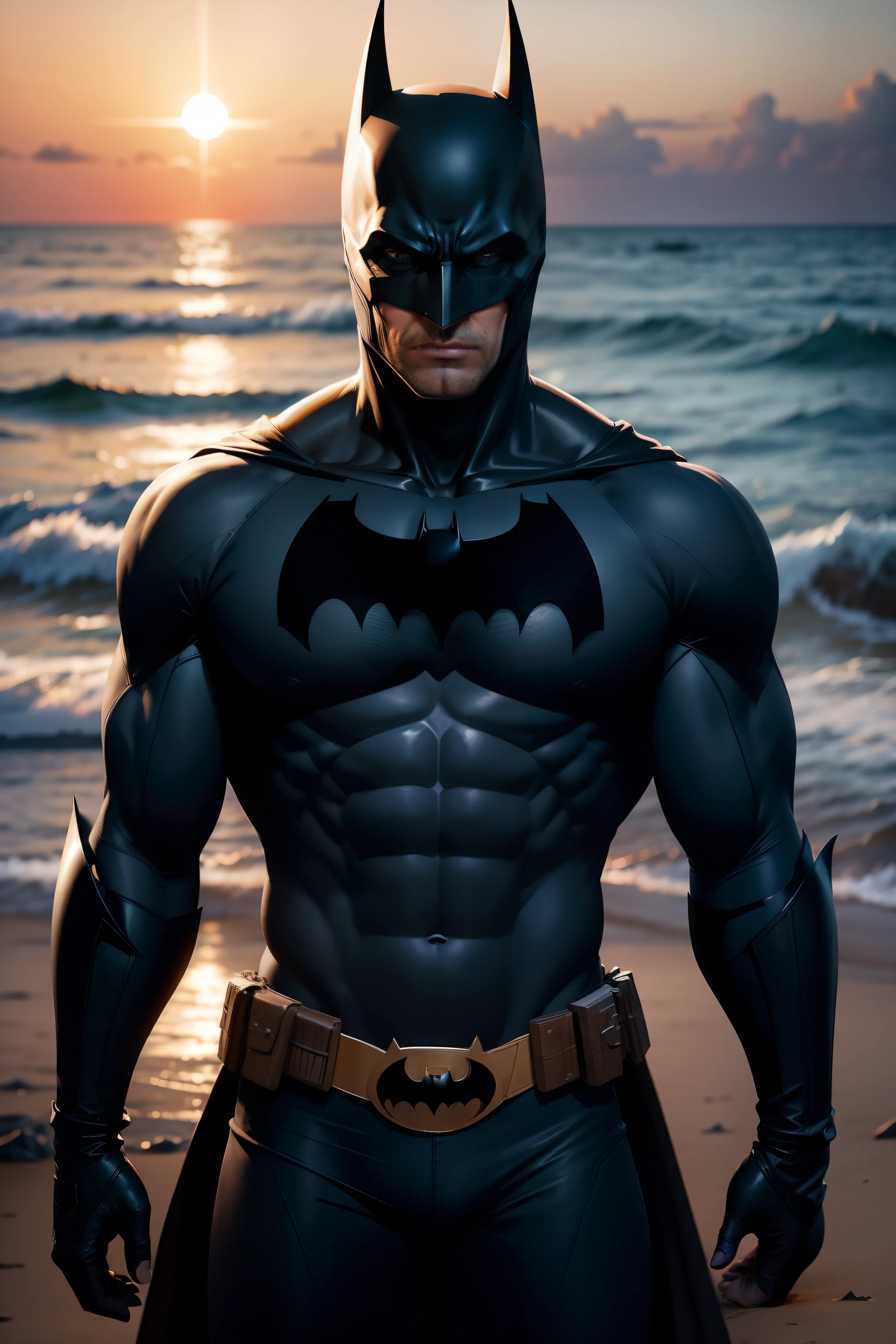 A man with white skin and a fit body, thin and realistic, exercising outdoors on the beach sand and blue sky, wearing the batman mask and sensual and outgoing personality.